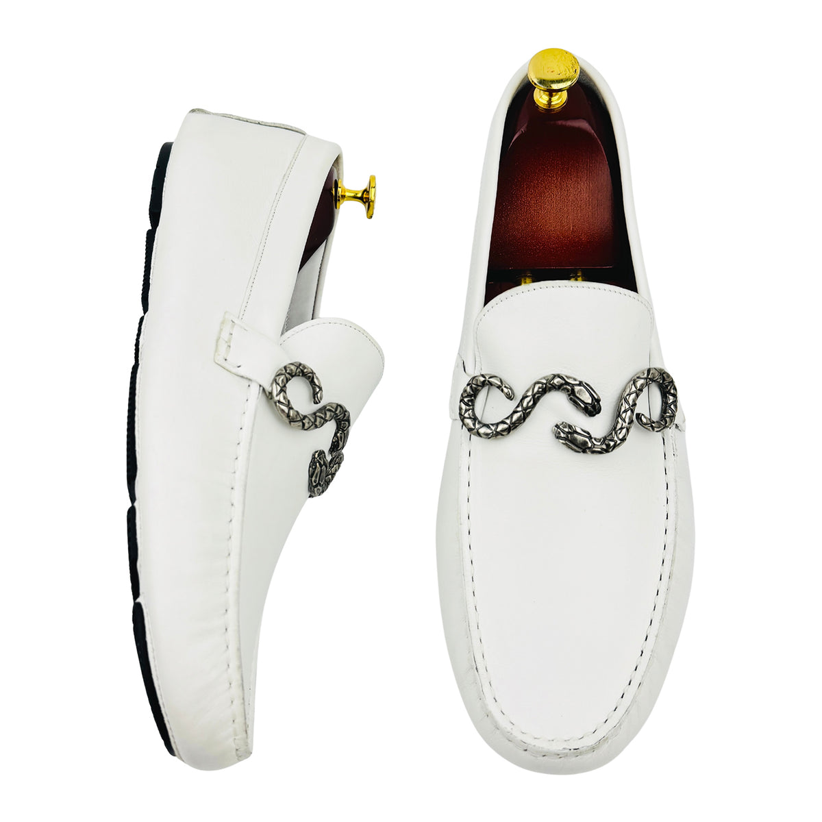 Roberto Cavalli White Nappa Leather Snake Loafers (Size 44)