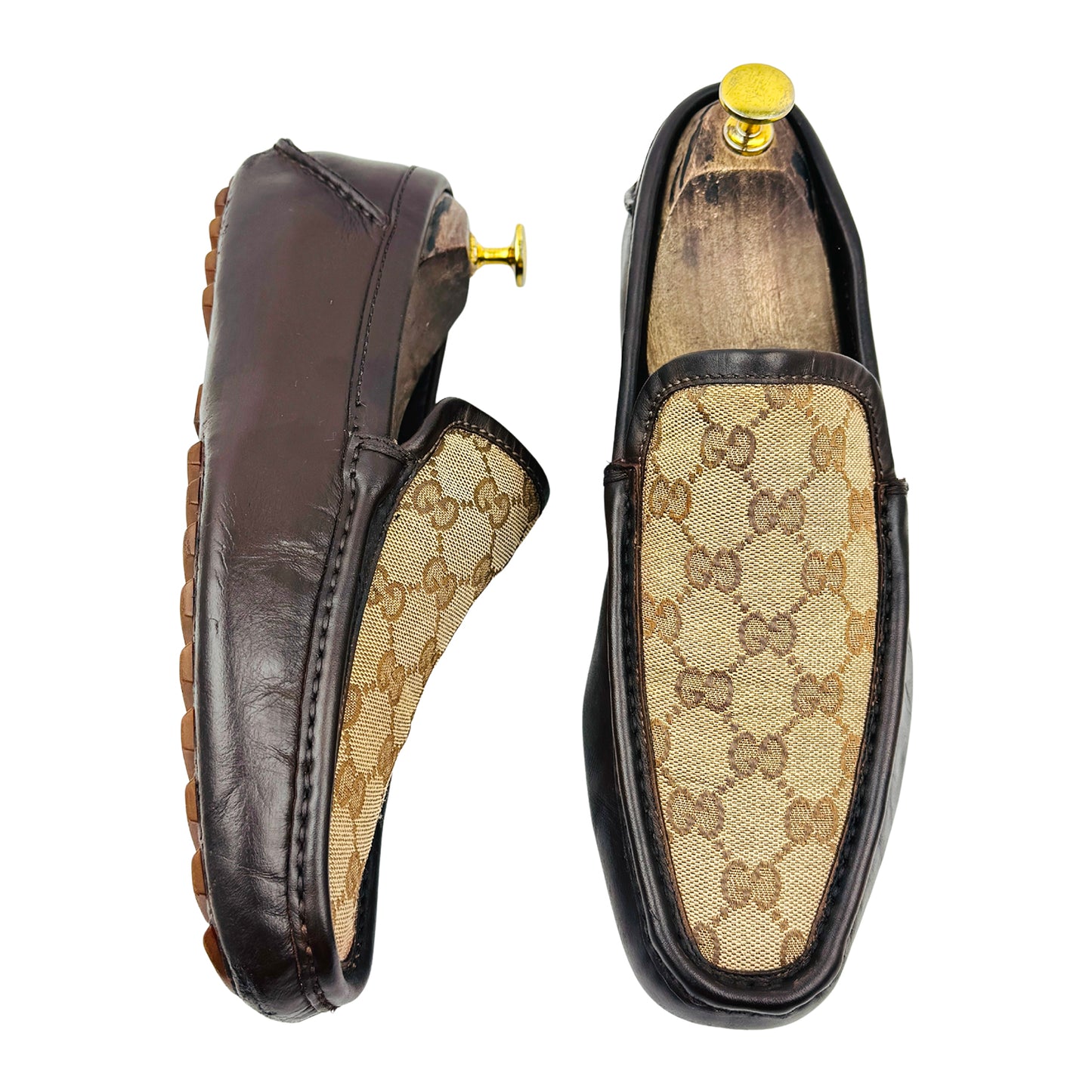Gucci GG Canvas Dark Brown Leather Driving Loafers (Size 41)