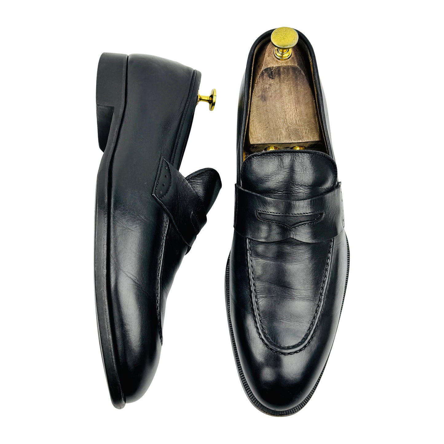 Scarpe di Bianco Black Leather Penny Loafers (Size 43.5)
