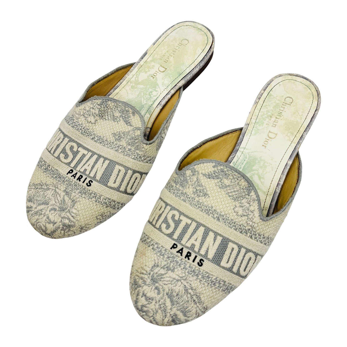 Christian Dior Dway 'Stone Grey' Embroidered Cotton Mules (Size 38)