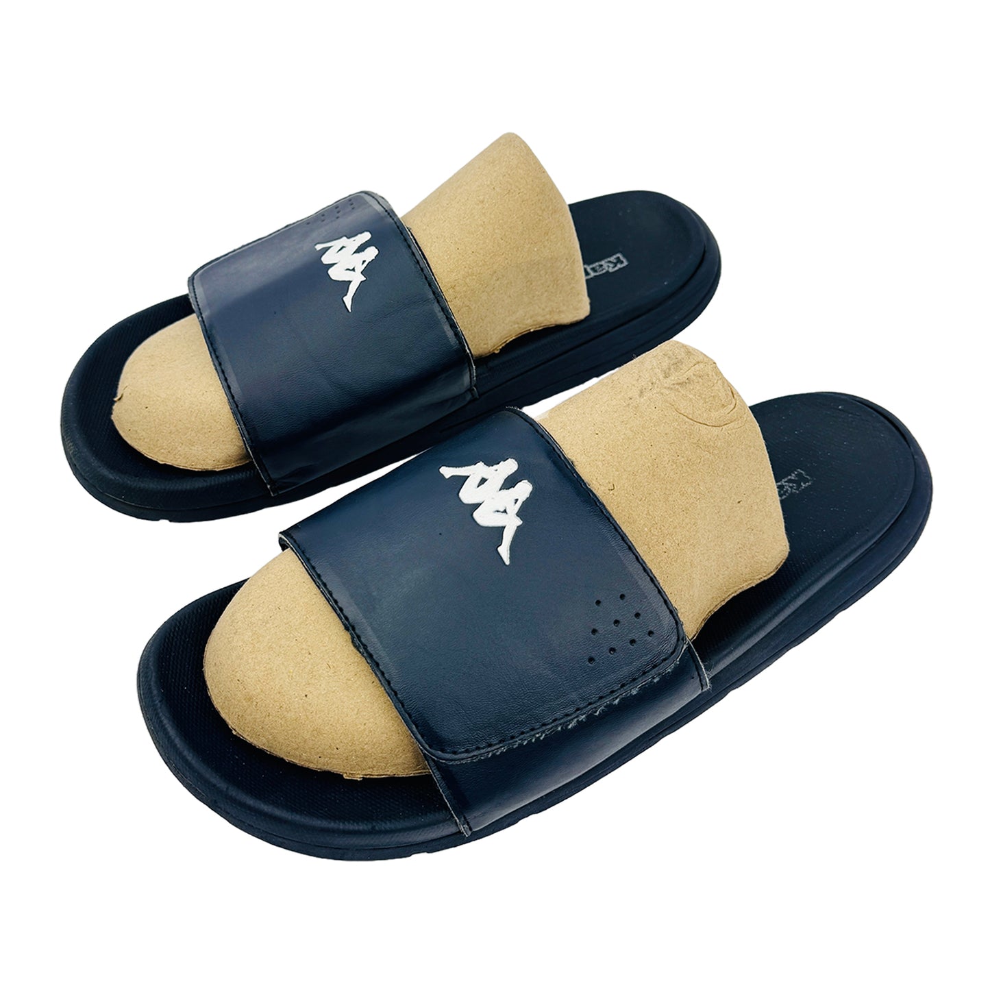 Pair of Kappa blue slides with a logo on a white background