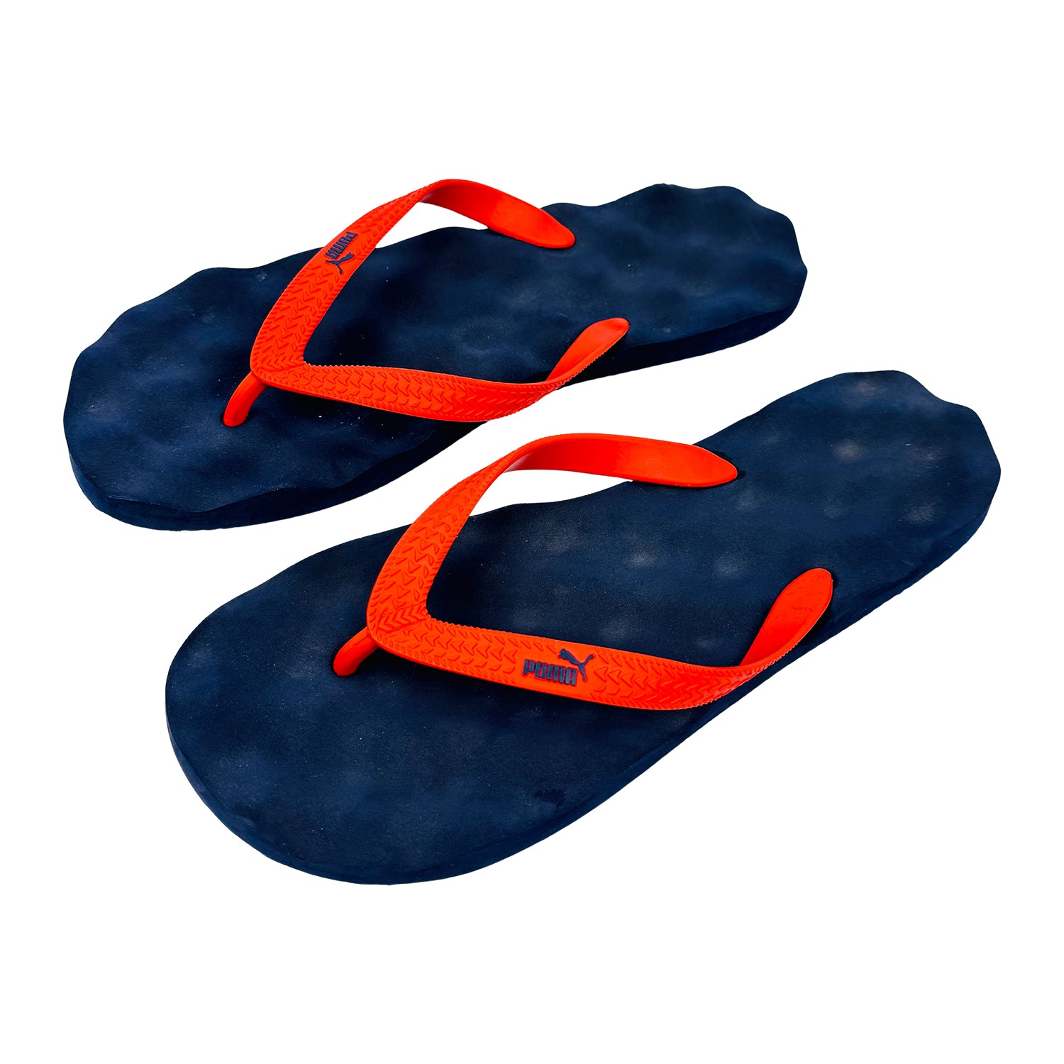 Pair of puma blue and orange flip-flops on a white background