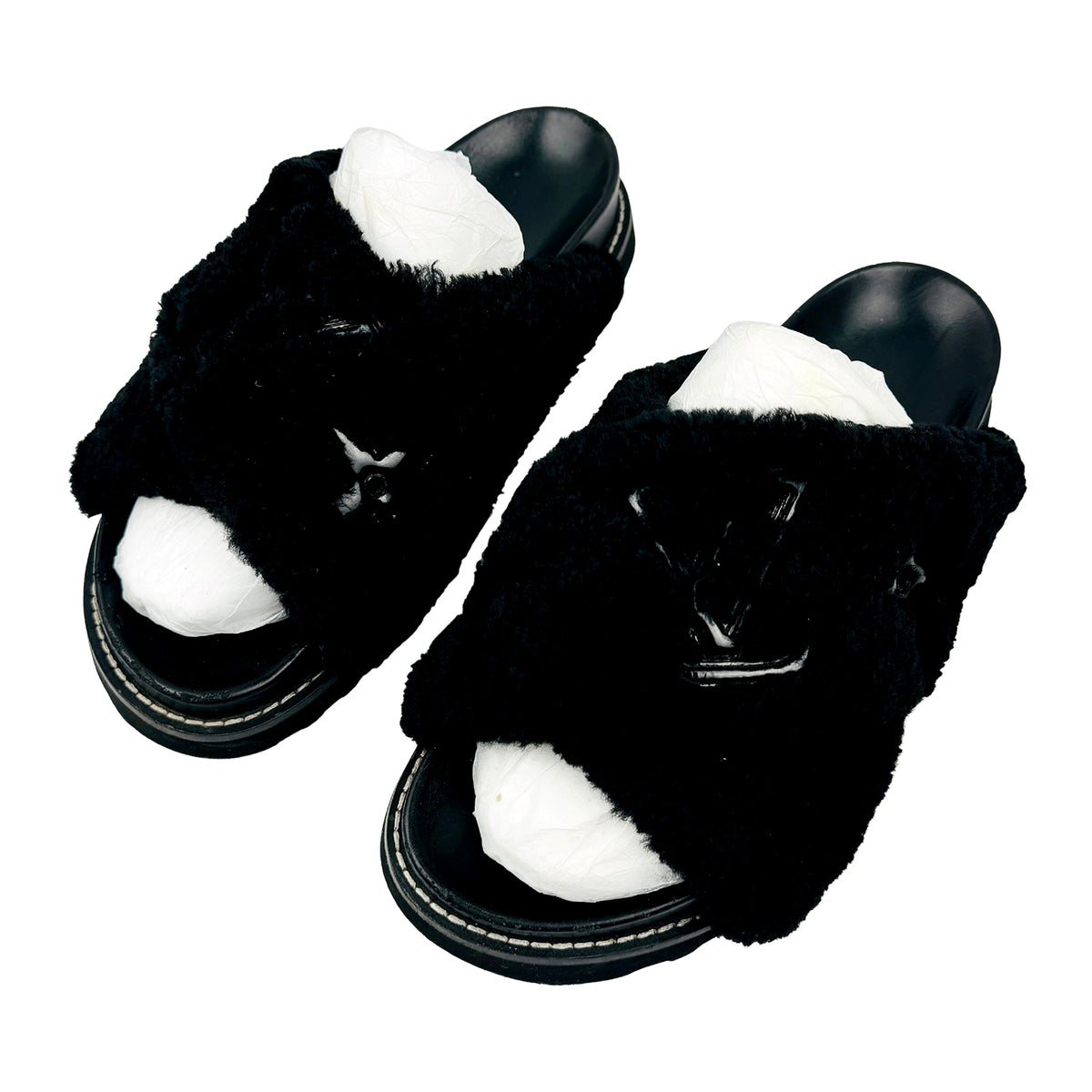 Louis Vuitton Black Fur Italian Slides (Size 40)