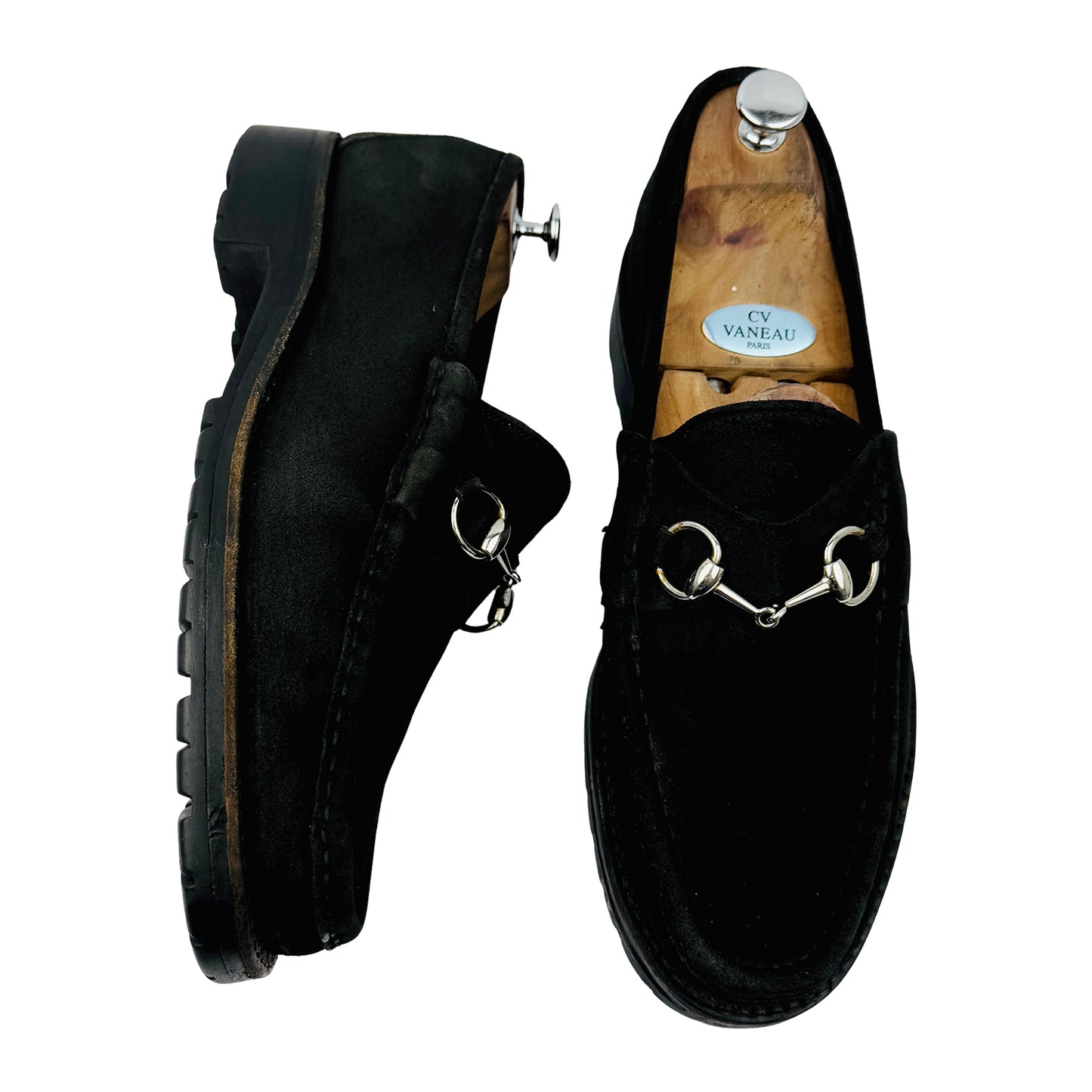 Gucci Horsebit Black Suede Lug Sole Loafers (Size 44/44.5)