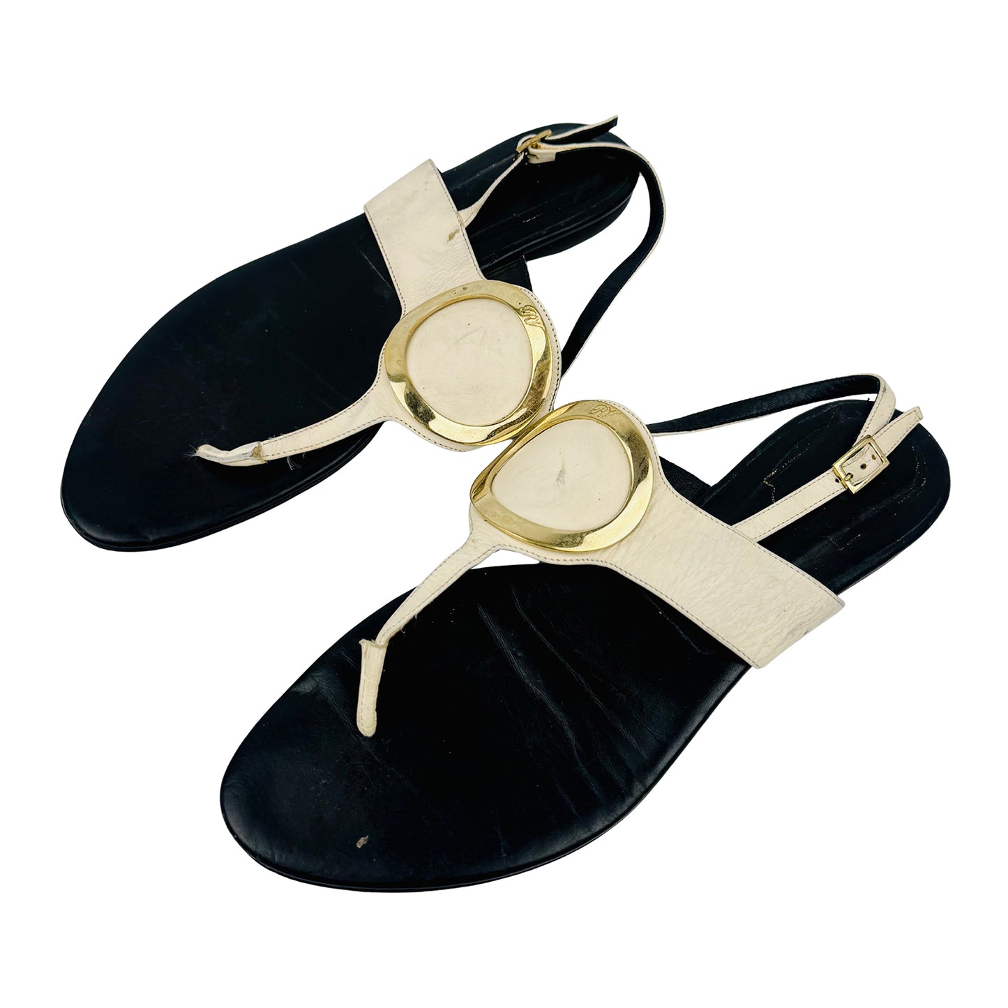 Roger Vivier Off-White Black T-bar Flat Sandals (Size 38.5)