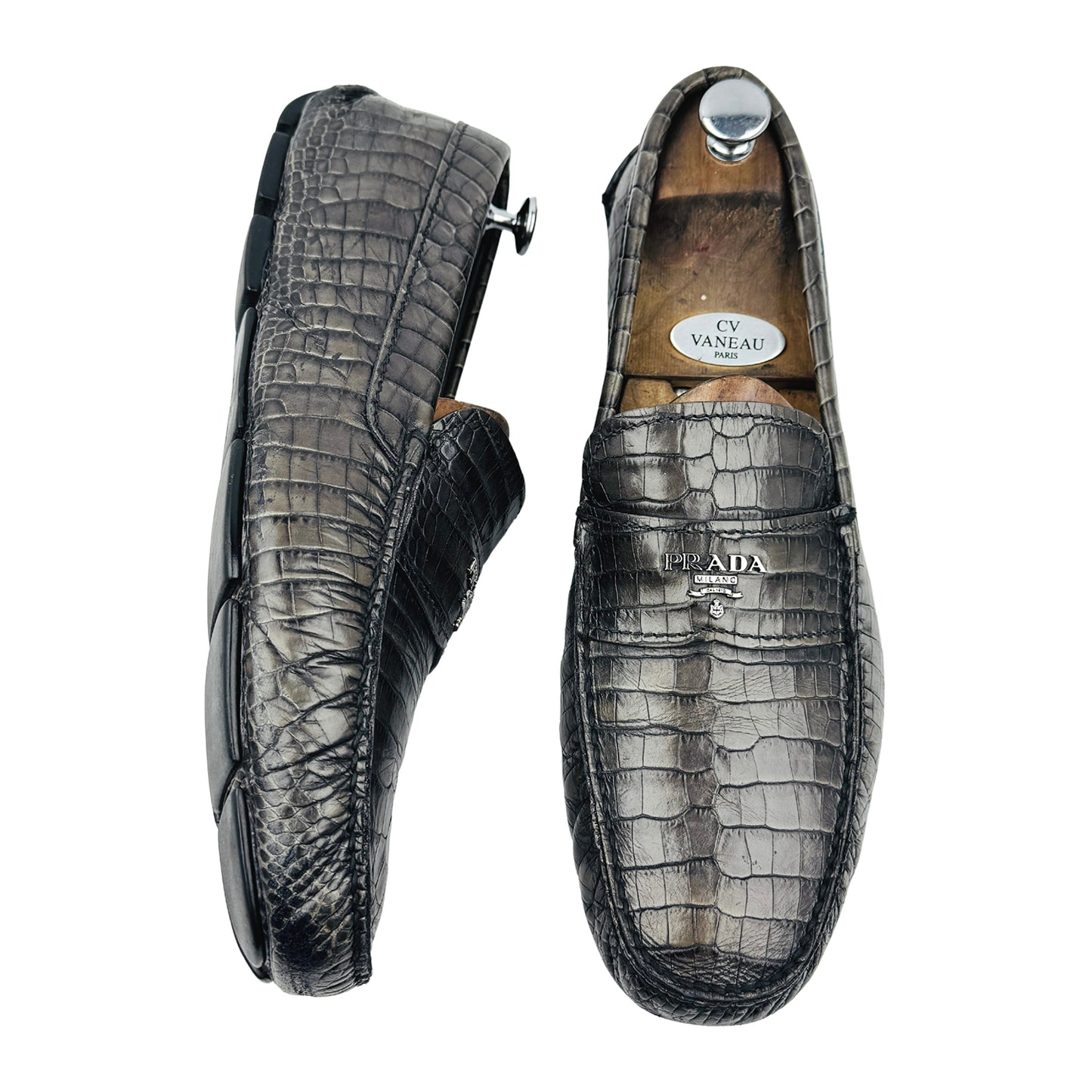 Prada Crocodile-Embossed Leather Driving Loafers (Size 45)