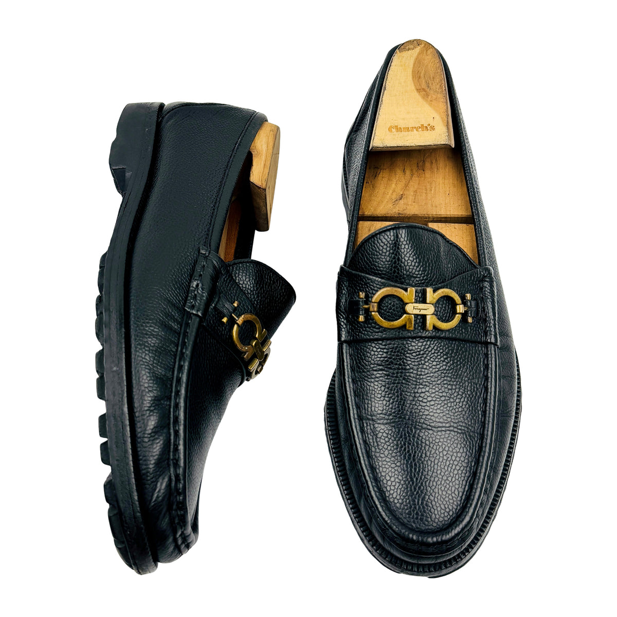 Salvatore Ferragamo Black Leather Lug Sole Loafers (Size 42)
