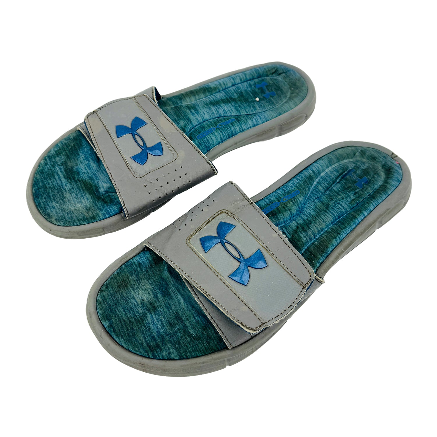 Left Side image of Under Armour Men's Grey Blue Slippers (Size 45/46)