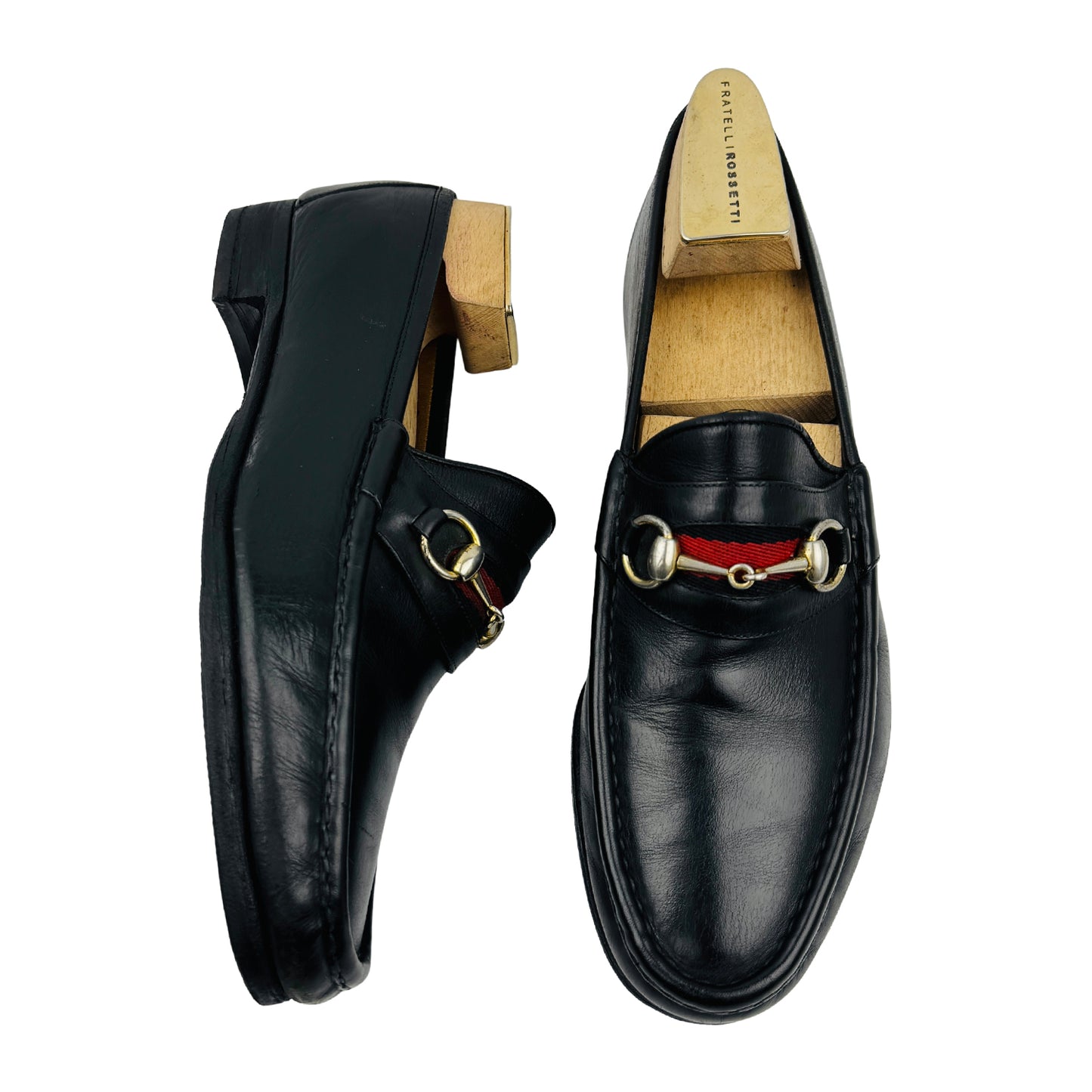 Gucci Black Leather Horsebit Web Loafers (Size 43/43.5)