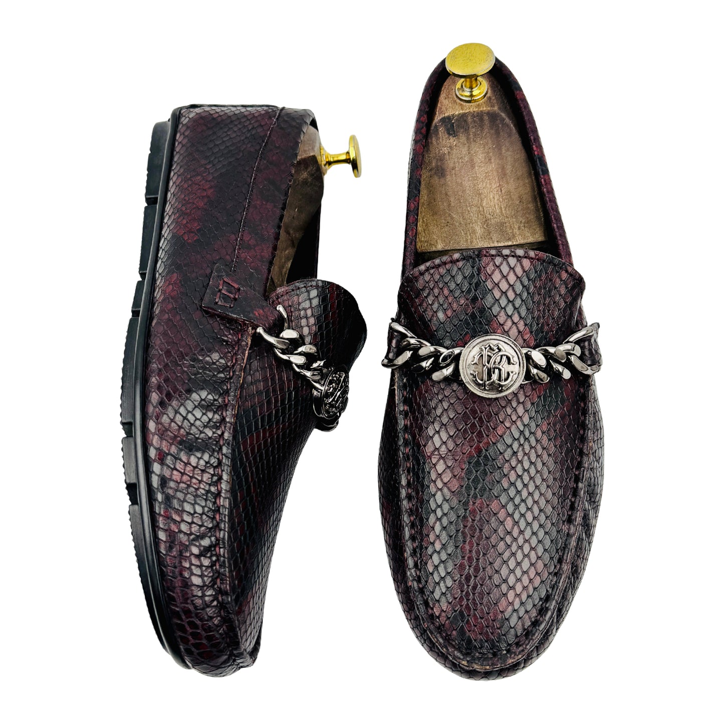 Roberto Cavalli Burgundy Snake Embossed Leather Loafers (Size 41)