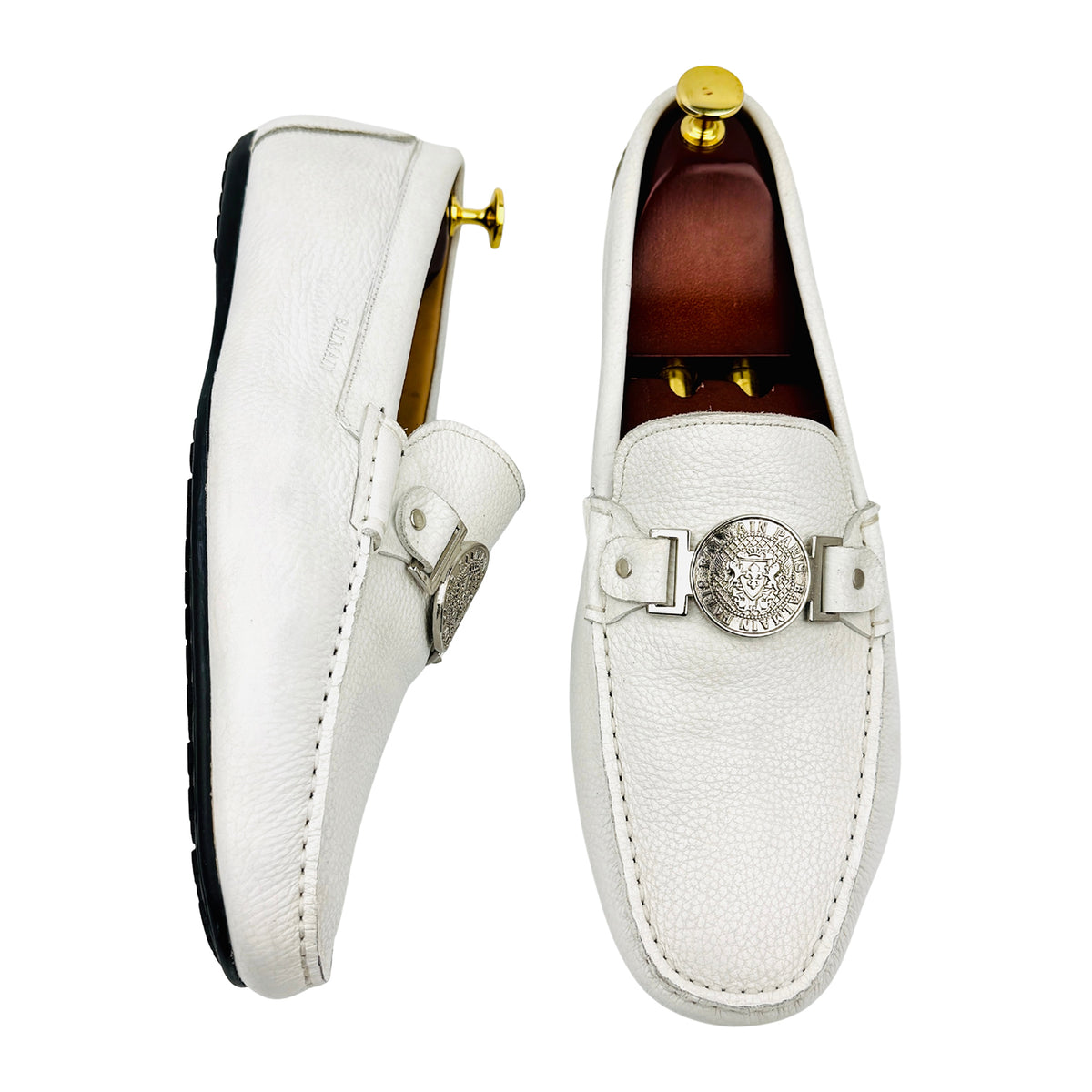 Balmain White Pebbled Leather Driving Loafers (Size 44)