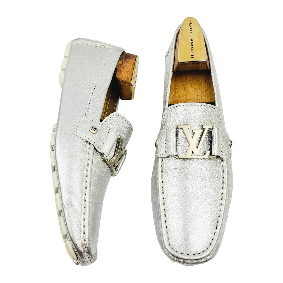 Louis Vuitton Monte Carlo Metallic Silver Leather Loafers (Size 43/43.5)