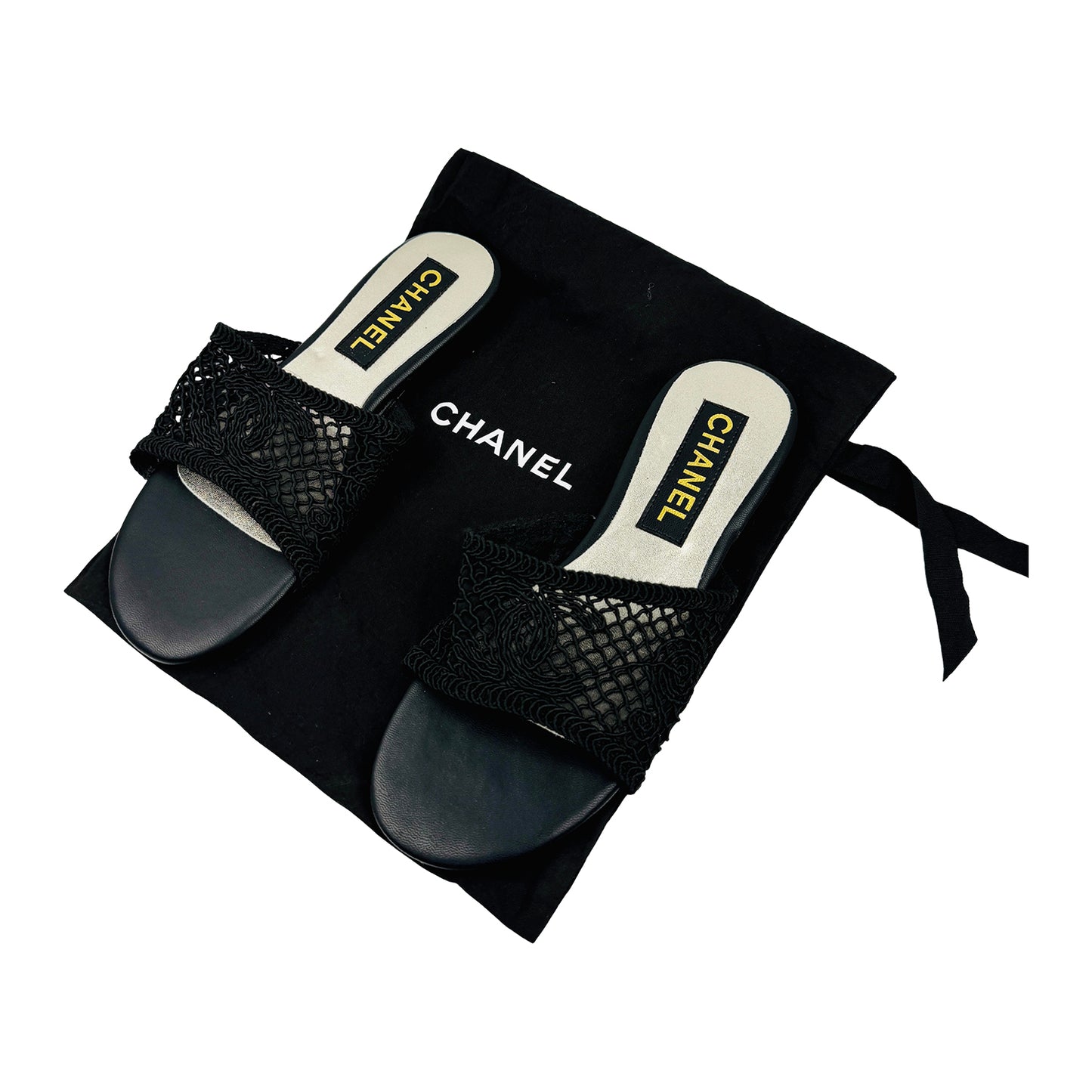 Chanel Black Crochet Knit CC Logo Sandal Slides (Size 37)