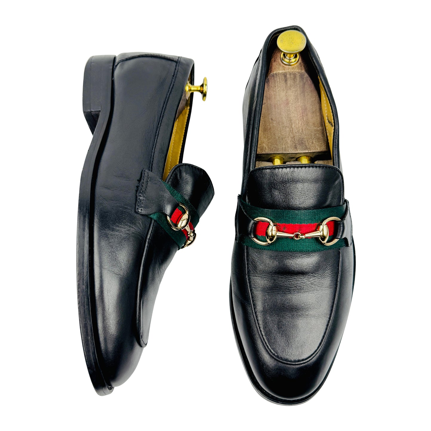 Gucci Black Leather Web Horsebit Loafers (Size 42)
