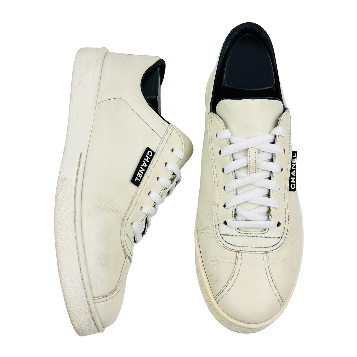 Chanel White Leather Sneakers (Size 38.5)