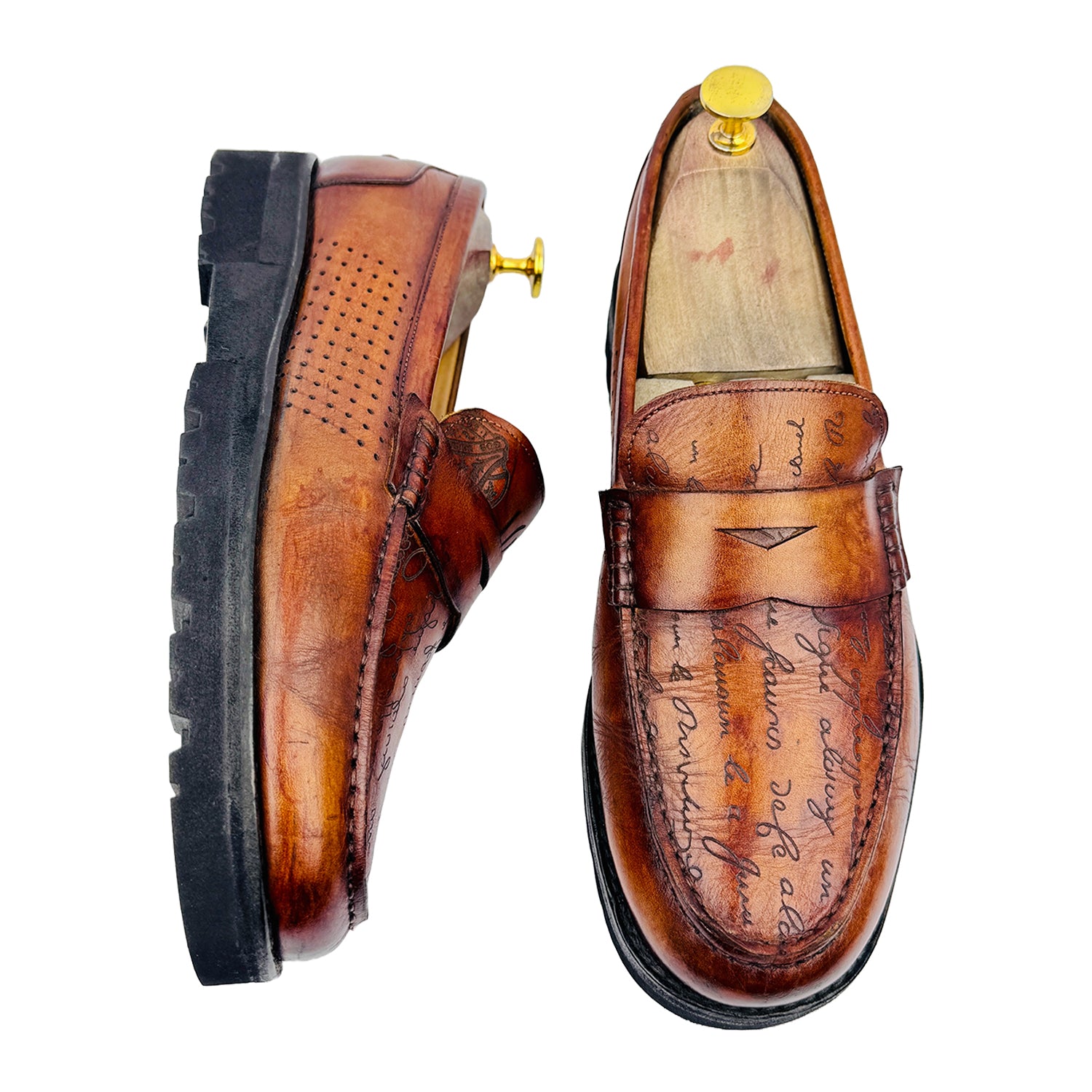 One Front One Cross image of Berluti Men's Signature Scritto Patina Brown Loafers (Size 41/41.5)