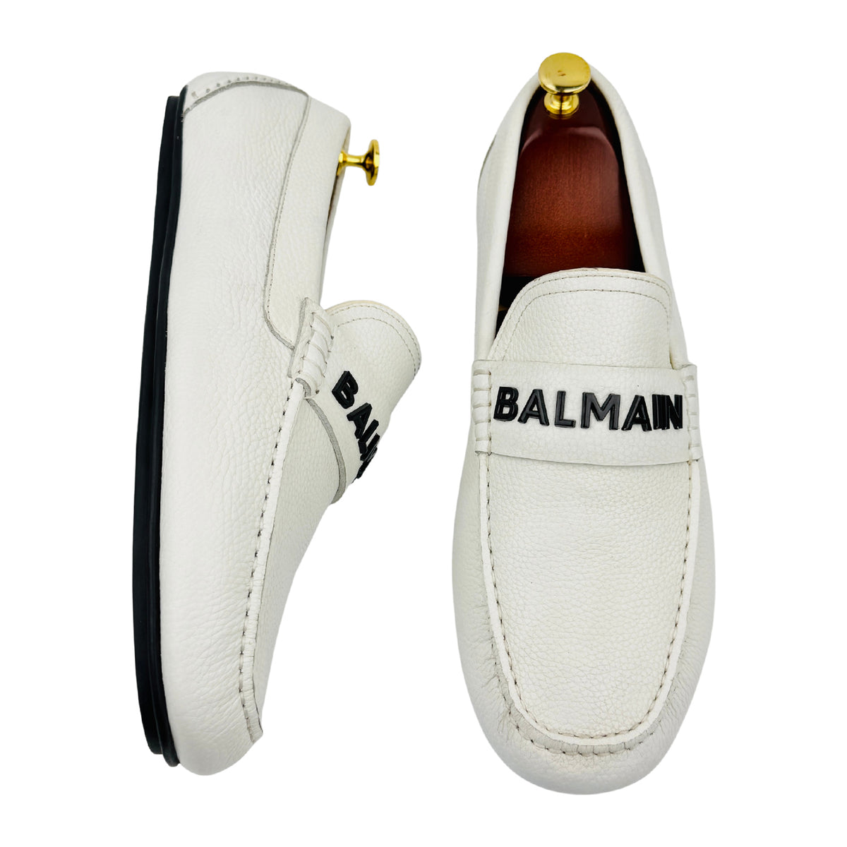Balmain Pebbled Leather White Driving Loafers (Size 45)