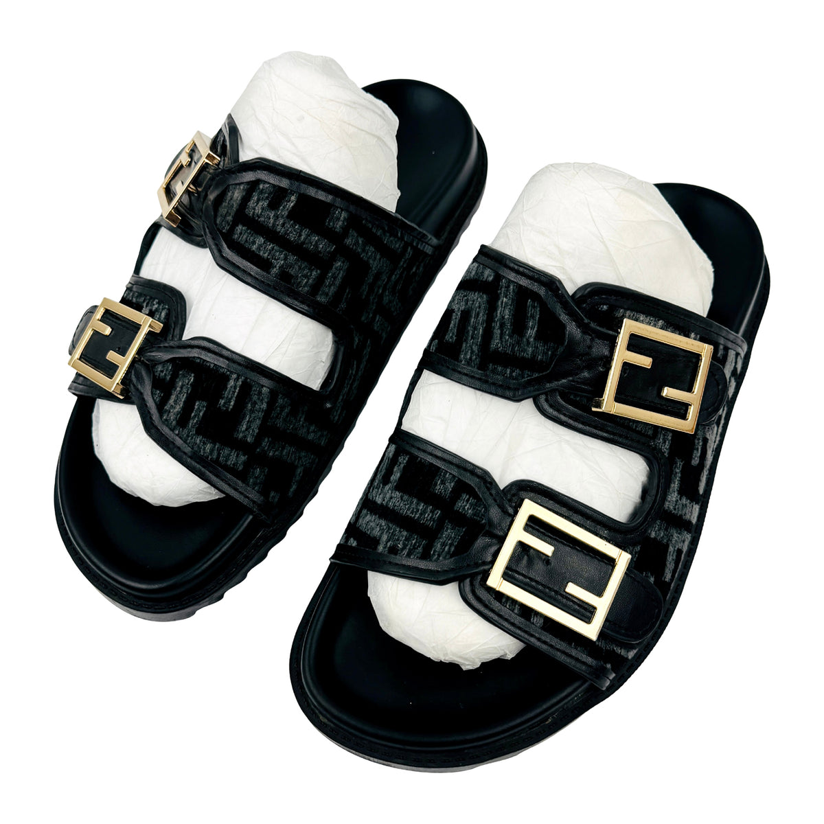 Fendi Feel FF Jacquard Dual Buckle Slide Sandals (Size 38)