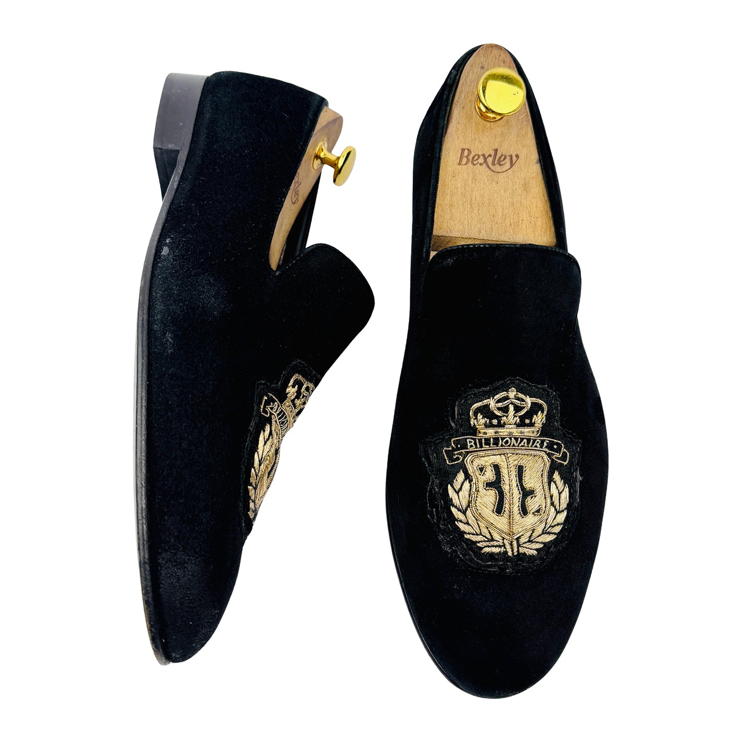 Billionaire Black Gold Velvet Embossed Logo Loafers (Size 42.5/43)
