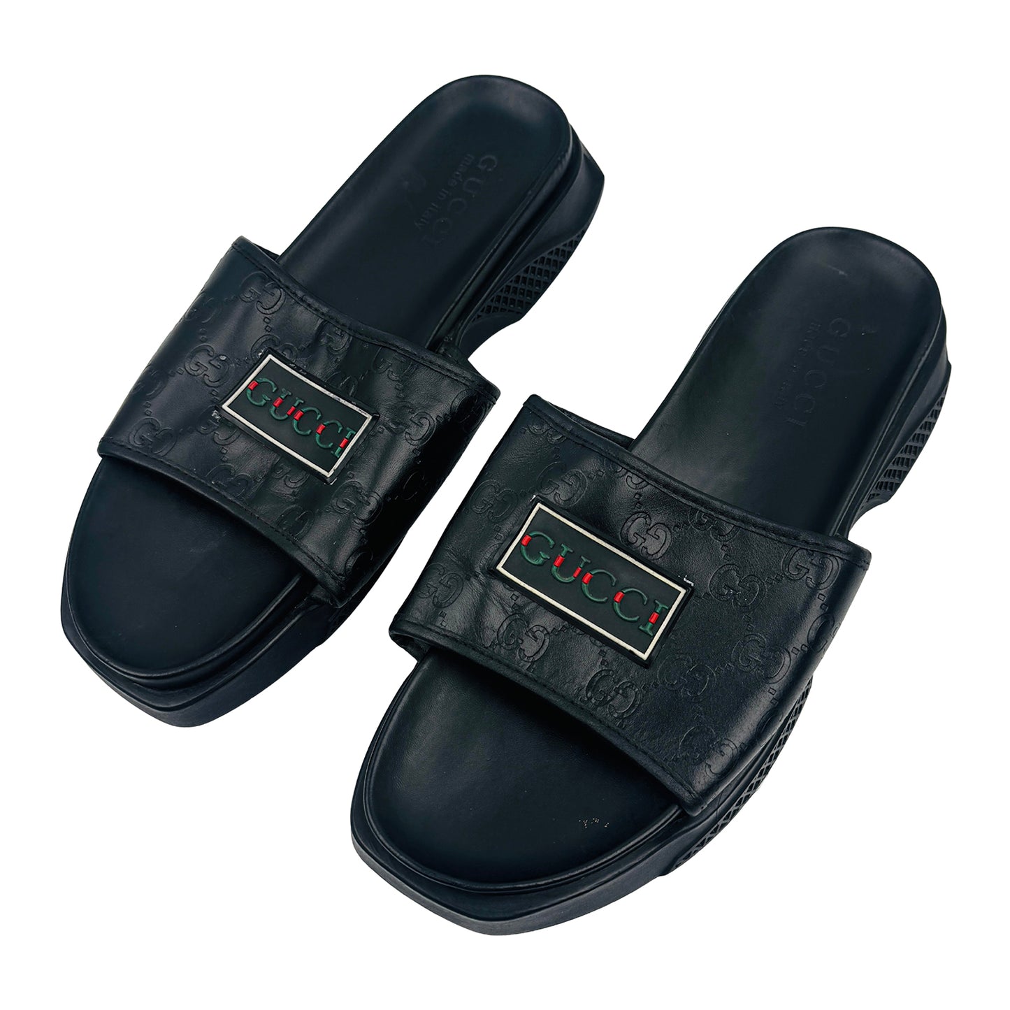 Gucci Men's Logo Embossed Black Leather Slides (Size 42.5)