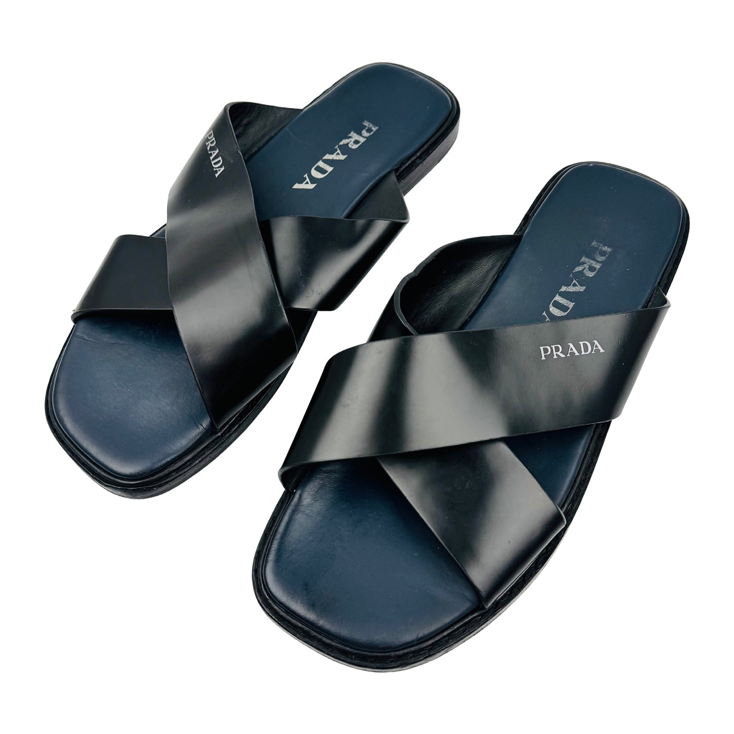 Prada Black Leather Cross Strap Sandal Slides (Size 43/43.5)