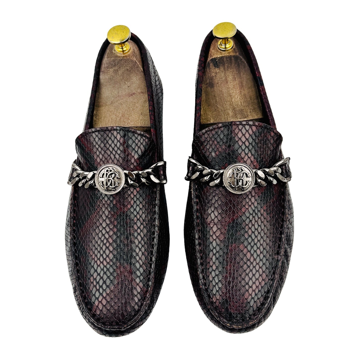 Roberto Cavalli Burgundy Snake Embossed Leather Loafers (Size 41)
