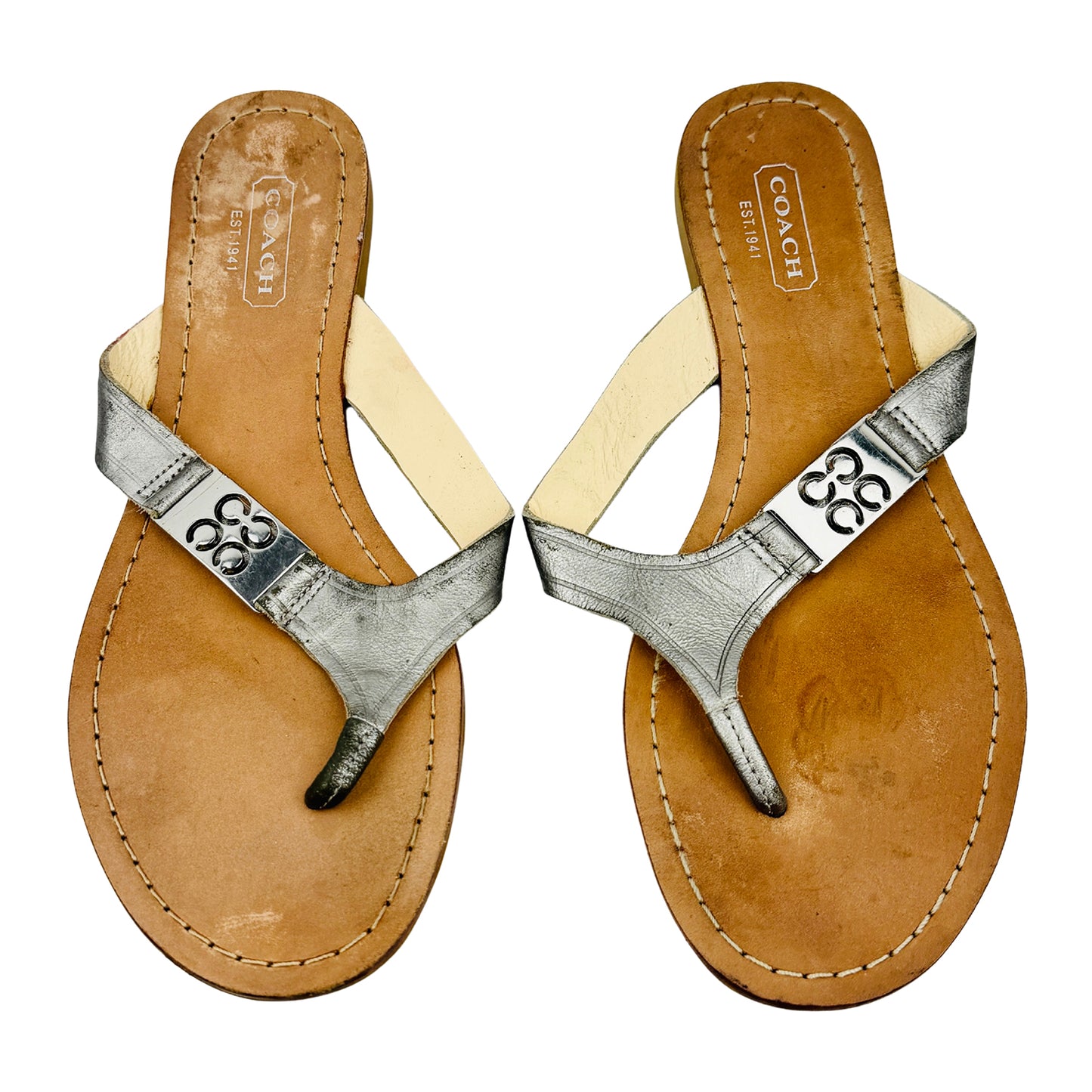 Coach Women's 'Metallic Silver Tan' Flip Flops (Size 36)