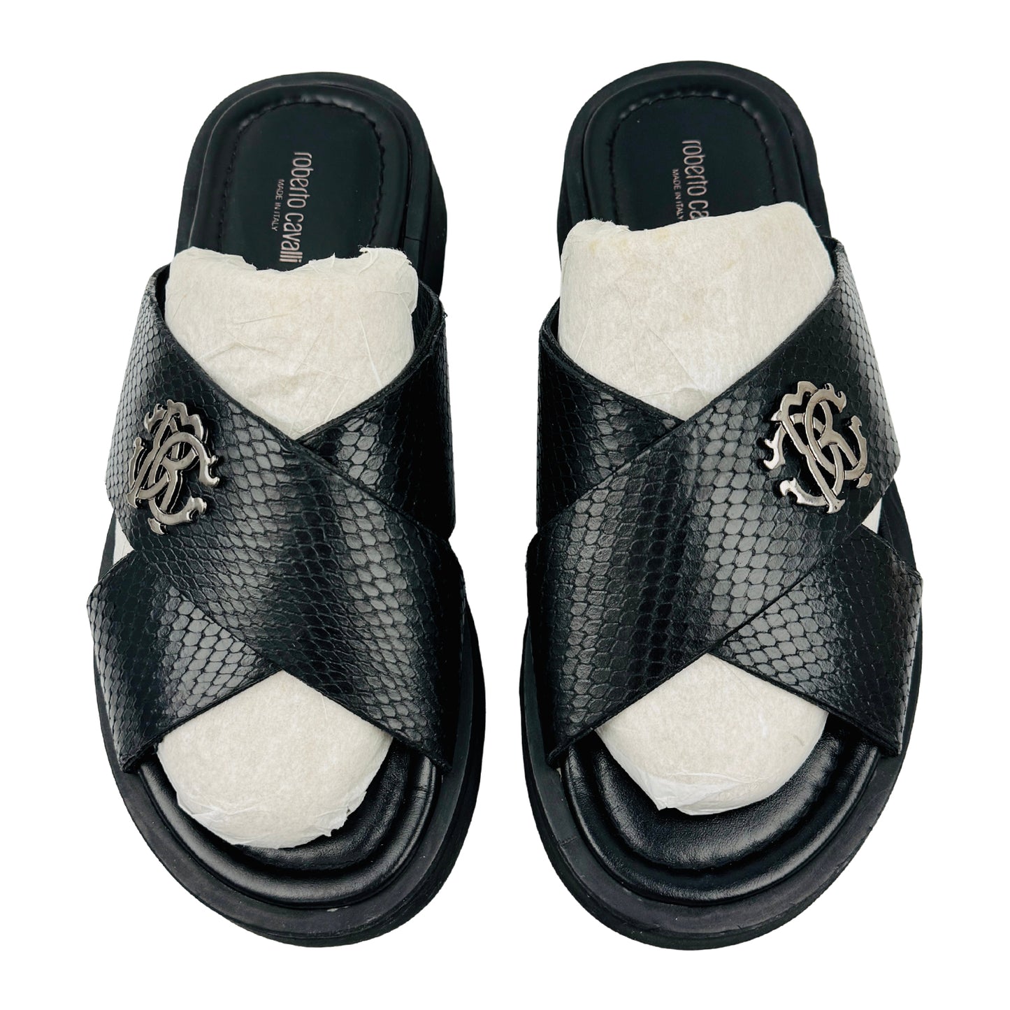 Roberto Cavalli Snake Effect Black Leather Slides (Size 41)