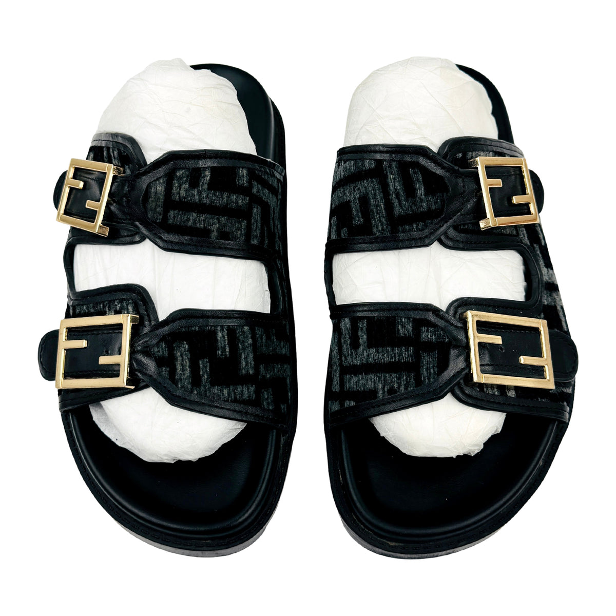 Fendi Feel FF Jacquard Dual Buckle Slide Sandals (Size 38)