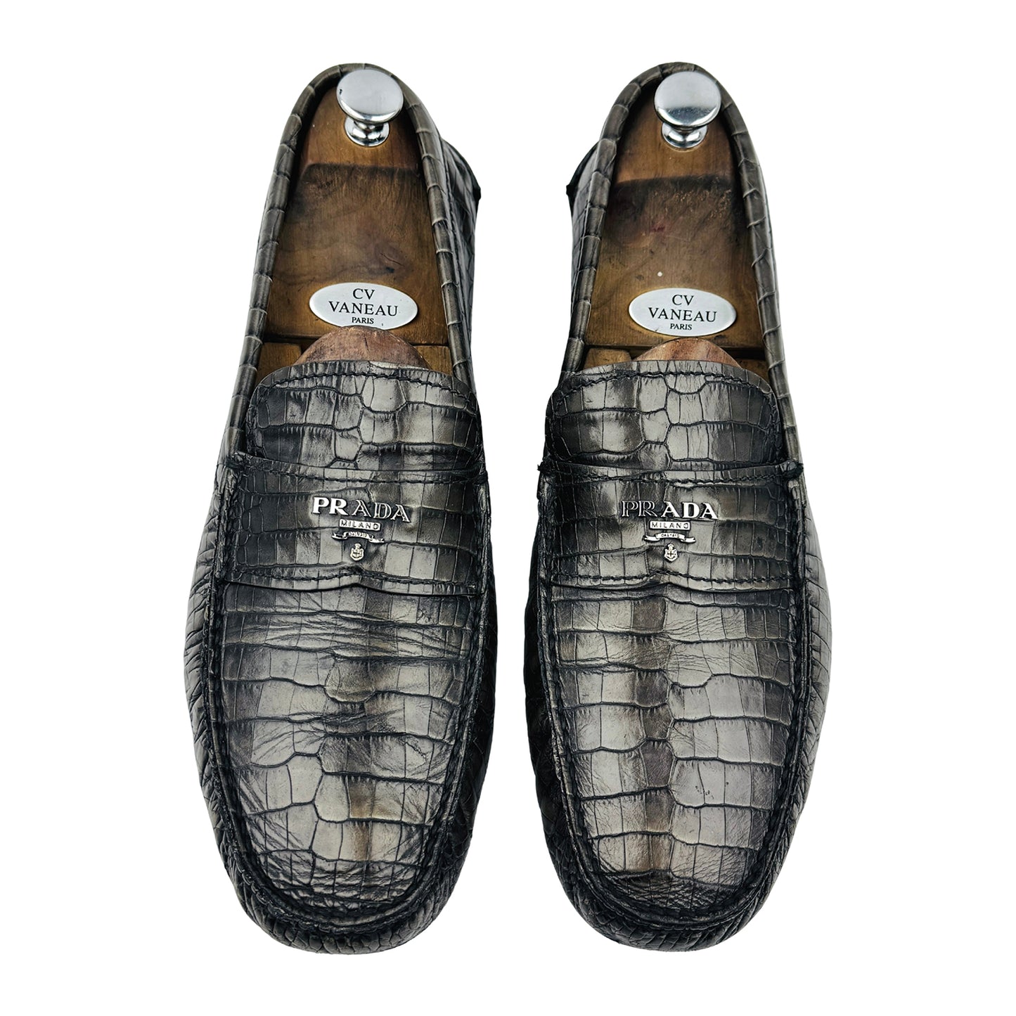 Prada Crocodile-Embossed Leather Driving Loafers (Size 45)