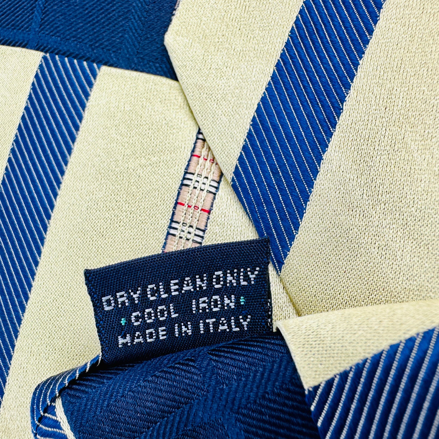 Burberry Golden Yellow 'Navy Blue & Beige Diagonal Stripes' Silk Tie