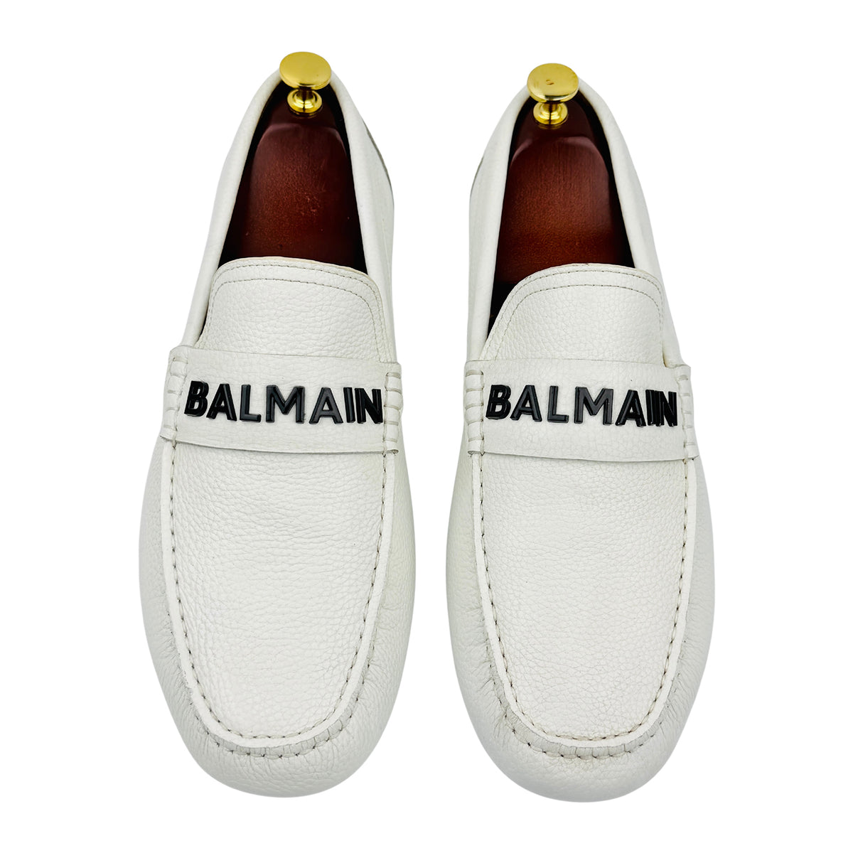 Balmain Pebbled Leather White Driving Loafers (Size 45)
