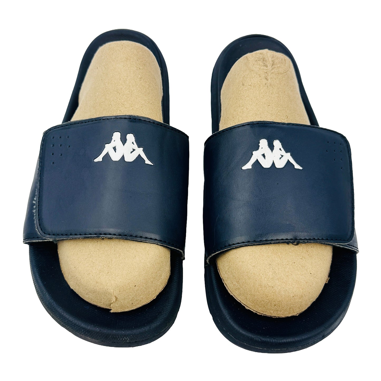 Pair of Kappa blue slides with a logo on a white background