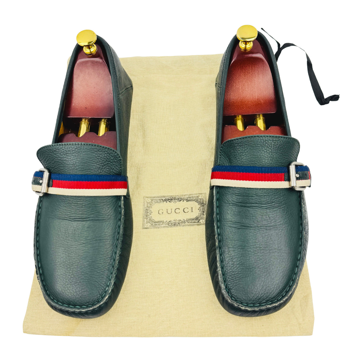 Gucci Forest Green Web Buckle 'Embroidered Bee' Loafers (Size 45)