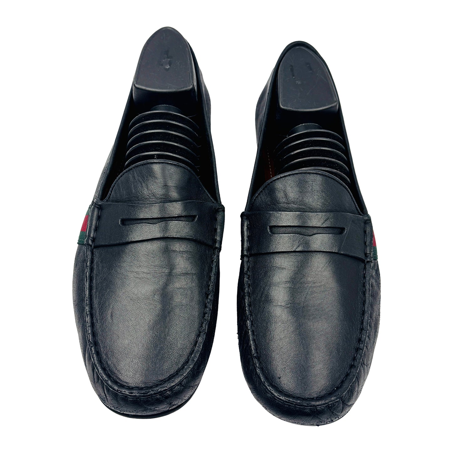 Gucci Men's Black Leather Web Loafers (Size 43.5) - 407411