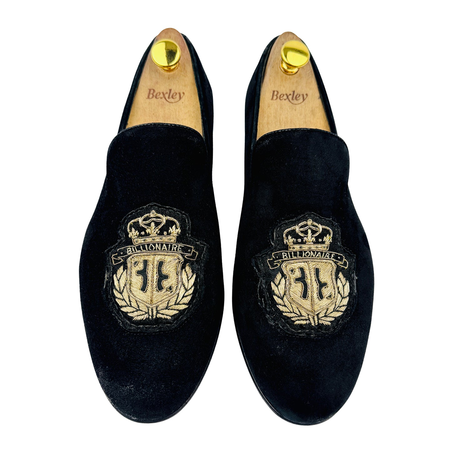 Billionaire Black Gold Velvet Embossed Logo Loafers (Size 42.5/43)