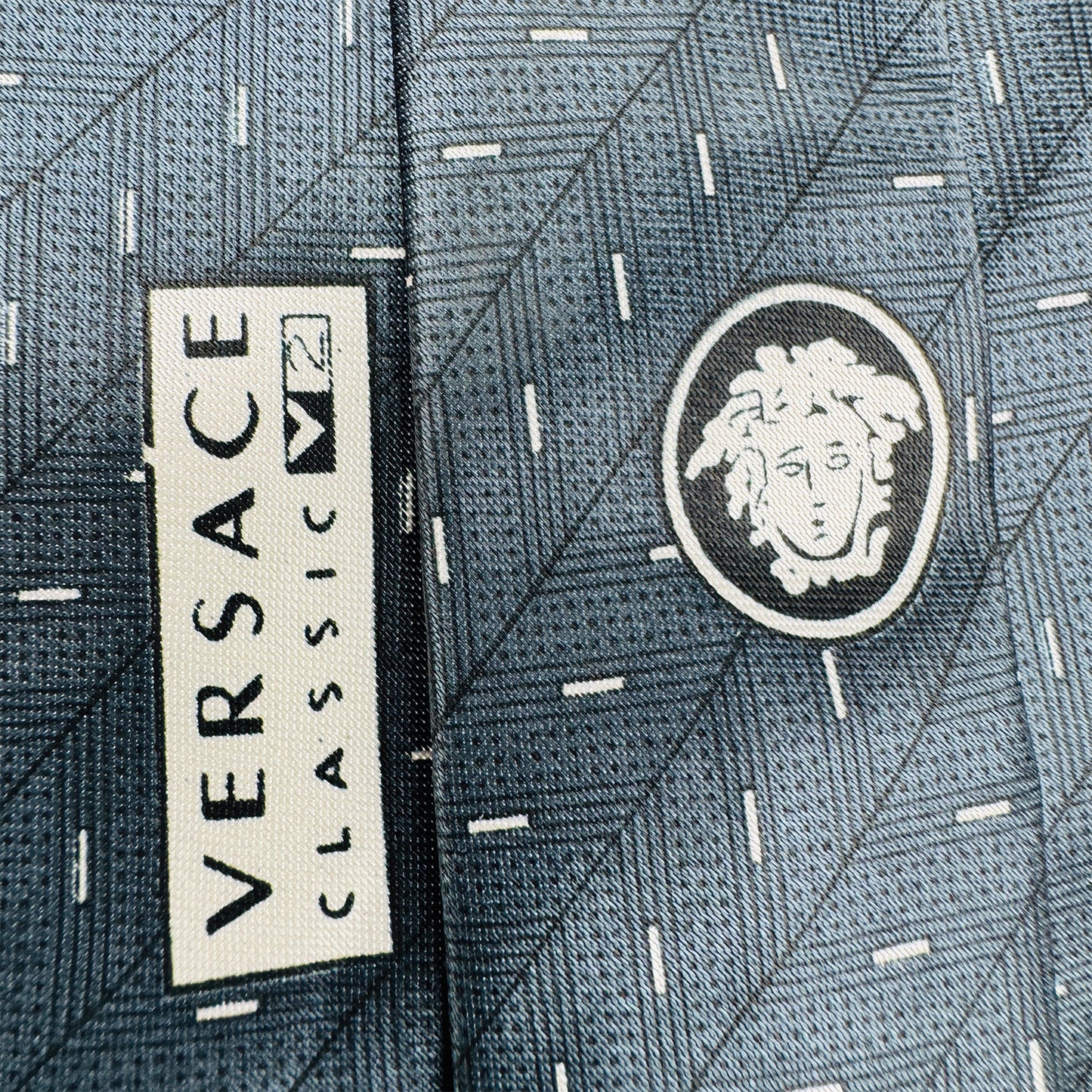 Versace Teal Blue 'Geometric Dash Pattern' Tie (Size Regular)
