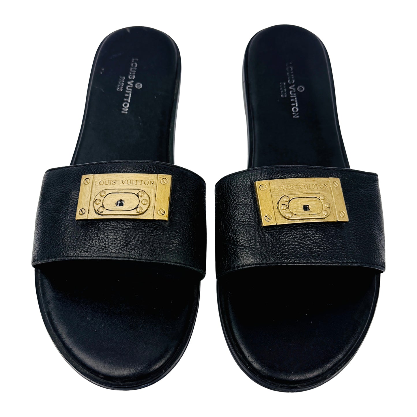 Front image of Louis Vuitton Black Beach Slides (Size 40)