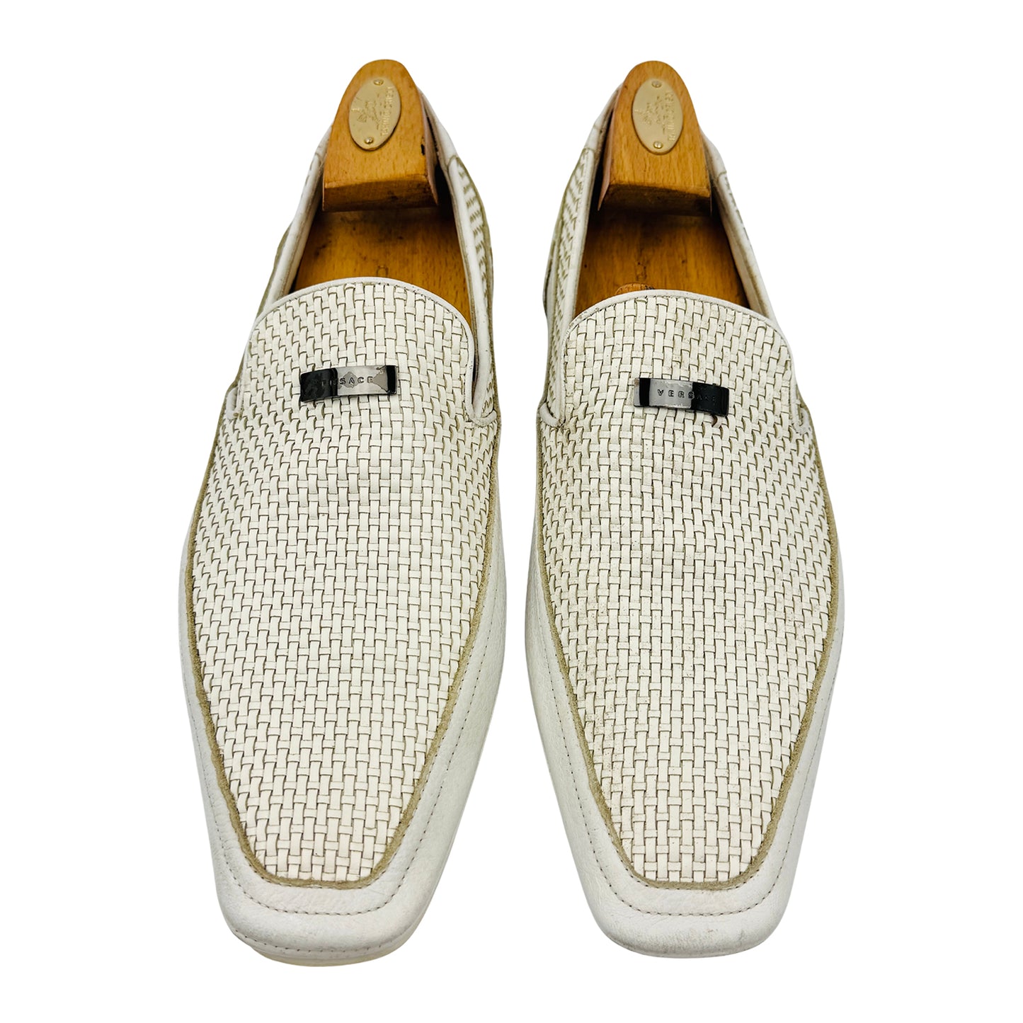 Versace Men's Woven Leather White Loafers (Size 42.5/43)