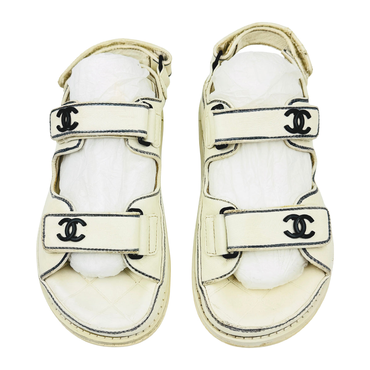 Chanel White Black Velcro Dad Sandals (Size 37) - G35927-X56386-K3897