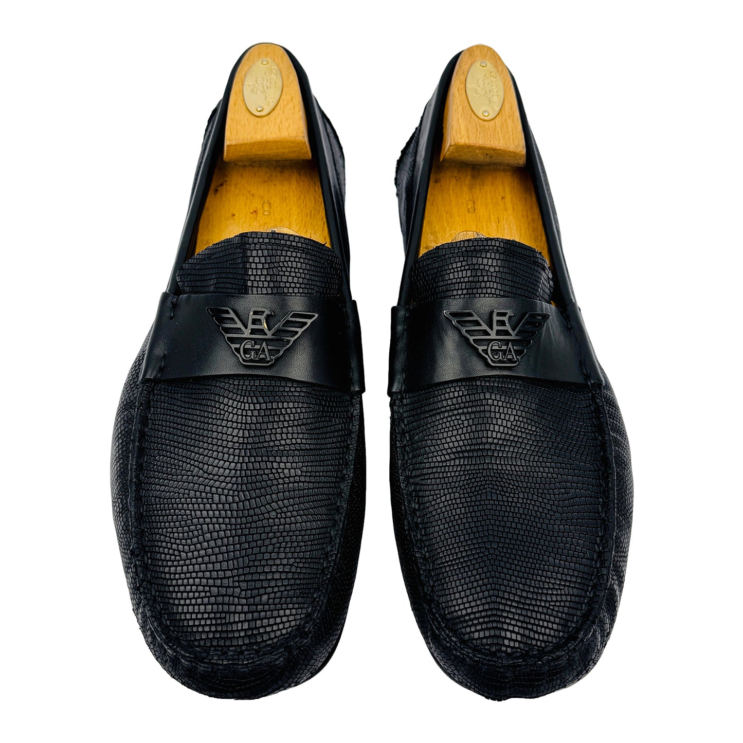 Front image of Emporio Armani Men's Black Textured Loafers (Size 42.5/43) - X4B064