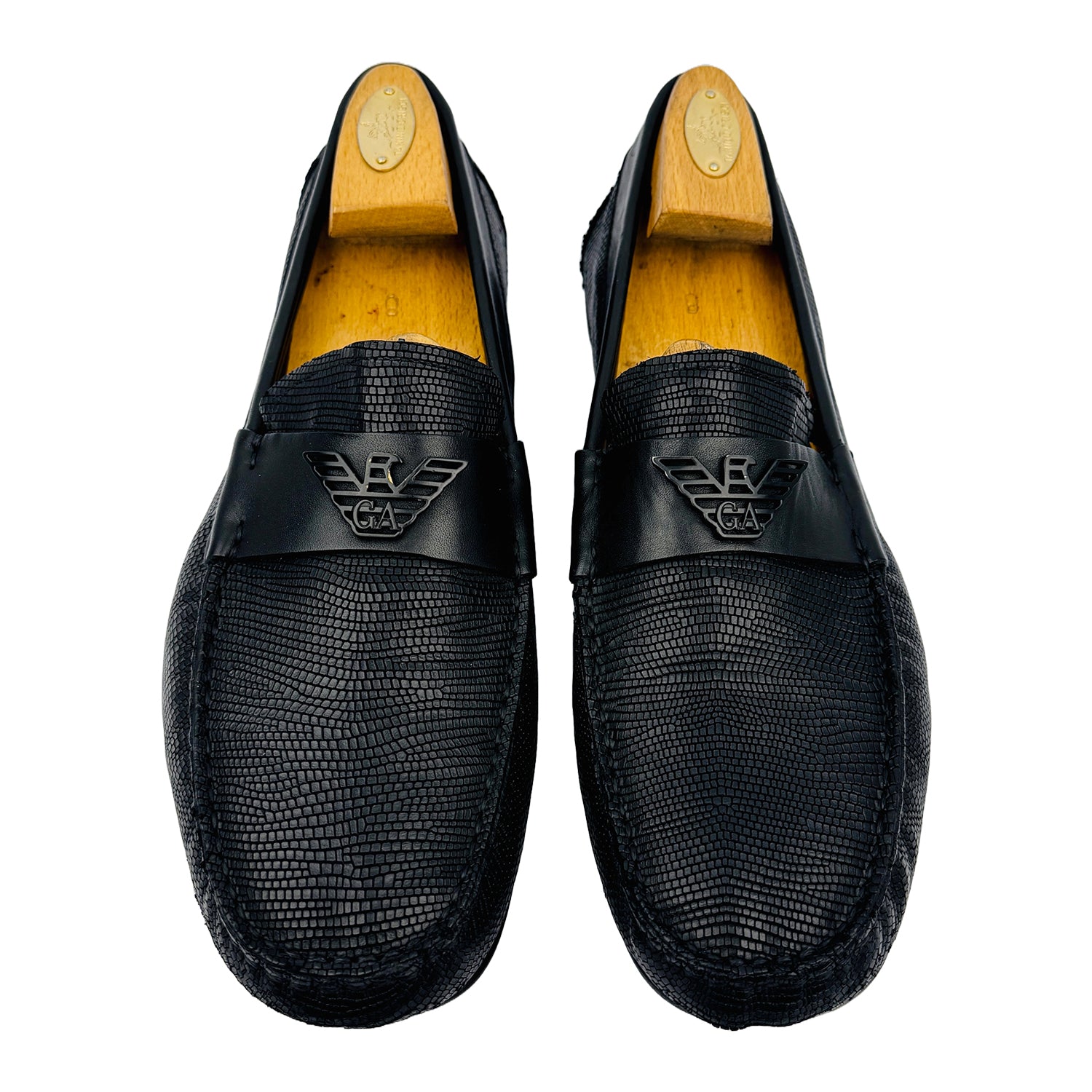 Front image of Emporio Armani Men's Black Textured Loafers (Size 42.5/43) - X4B064
