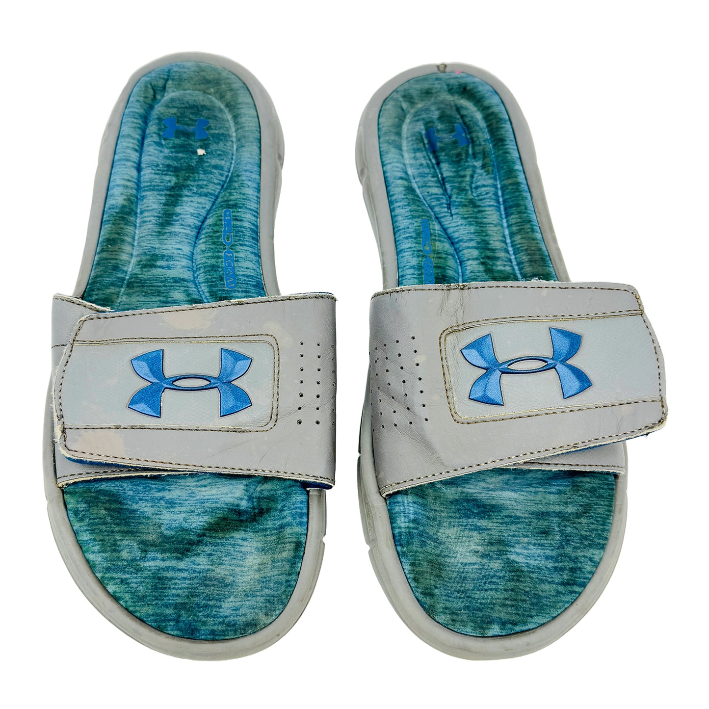 Front image of Under Armour Men's Grey Blue Slippers (Size 45/46)