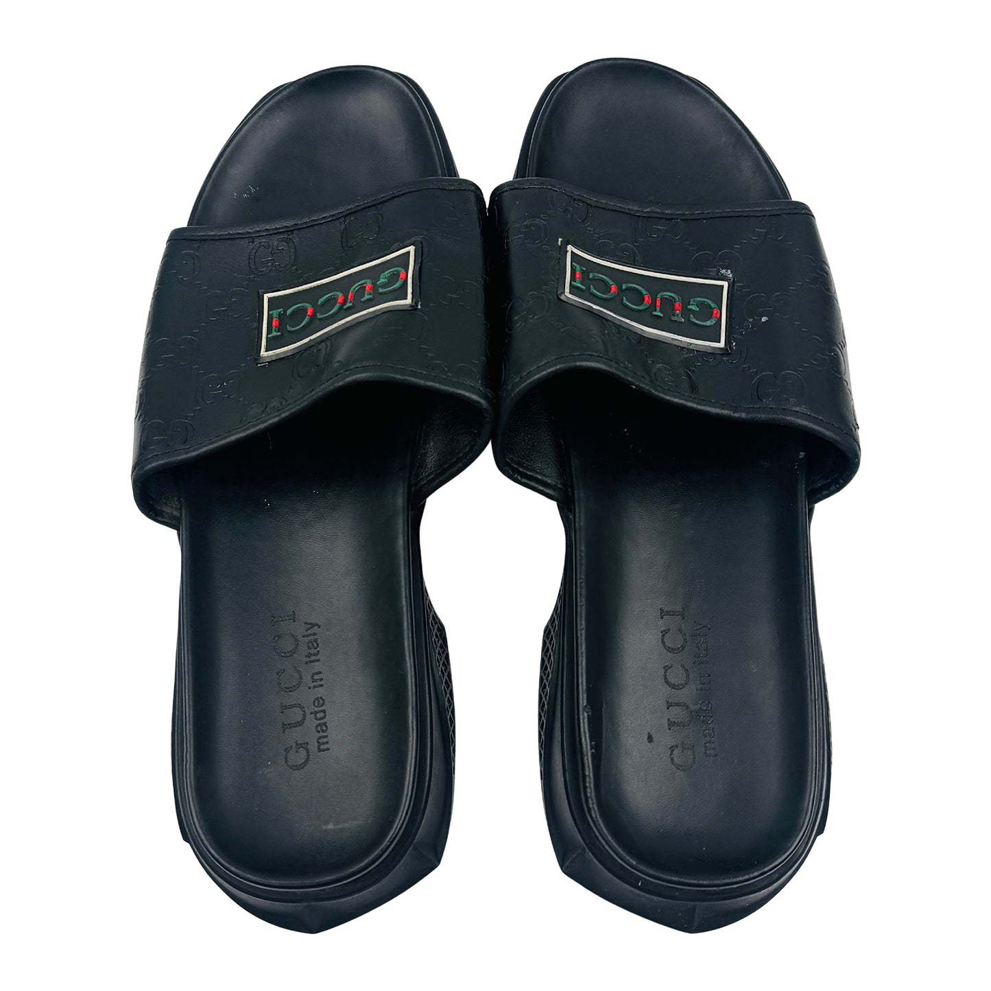 Gucci Men's Logo Embossed Black Leather Slides (Size 42.5)