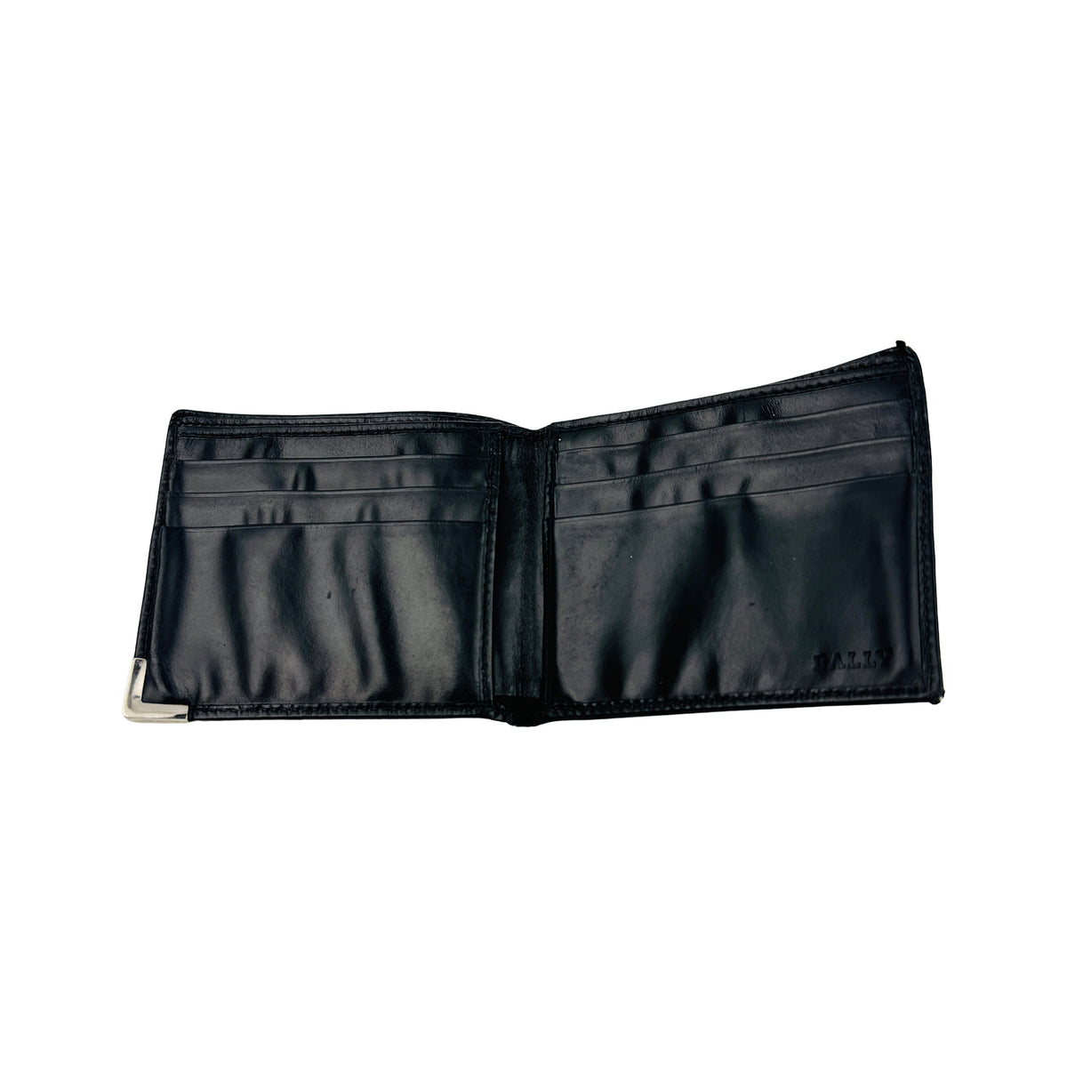 Bally Black Leather Bi-Fold Metal B Corner Wallet