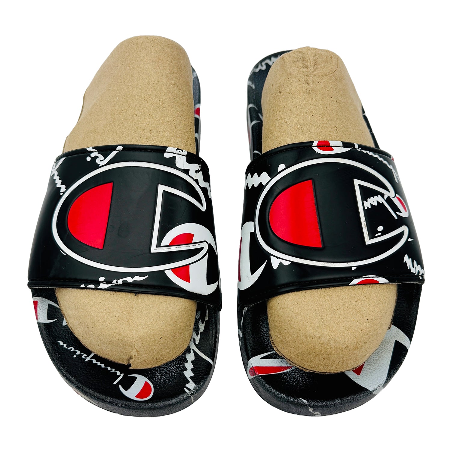 Front image of Champion IPO Warped Black Slides (Size 41) - CP101071