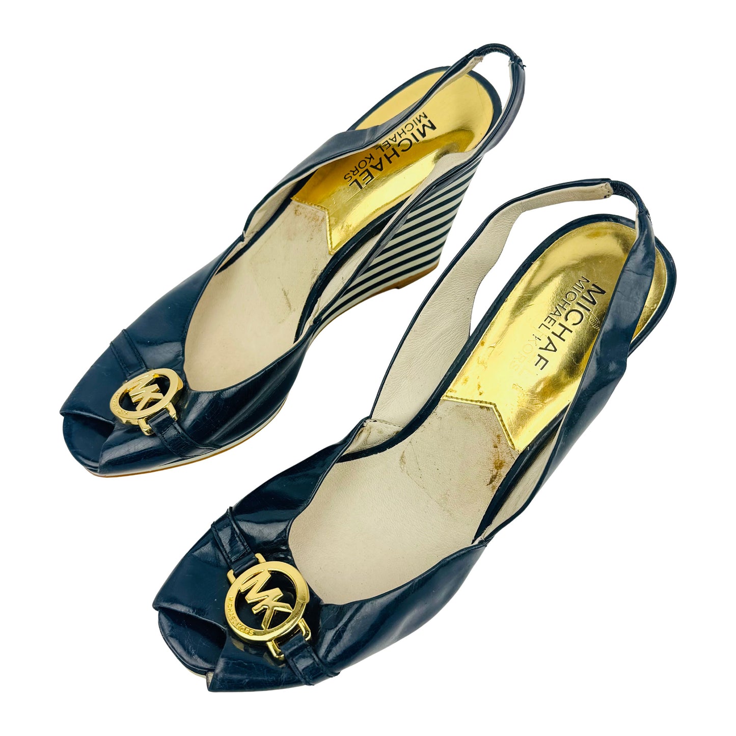 Michael Kors Navy Logo Wedge Slingback Heels (Size 38)