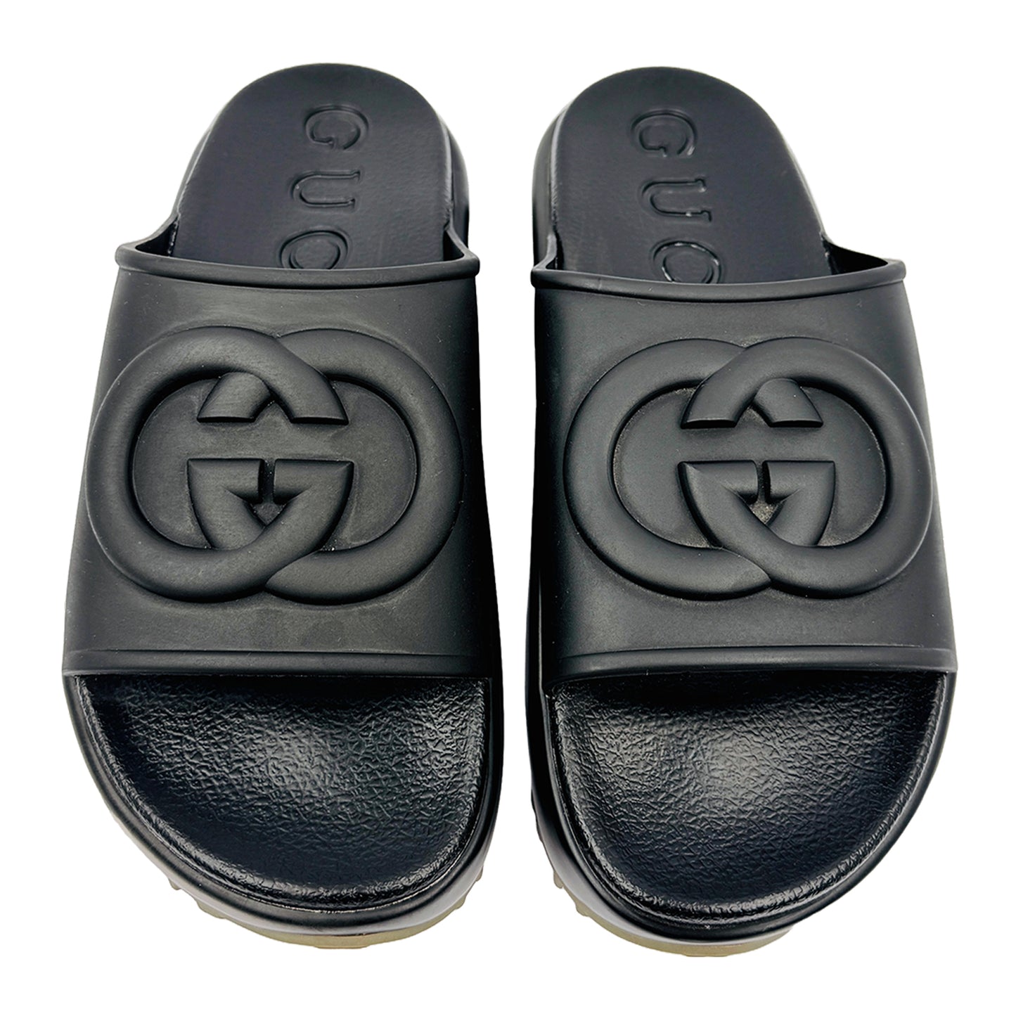 Front image of Gucci Black Interlocking G Slides (Size 39/39.5) - GUC1556587