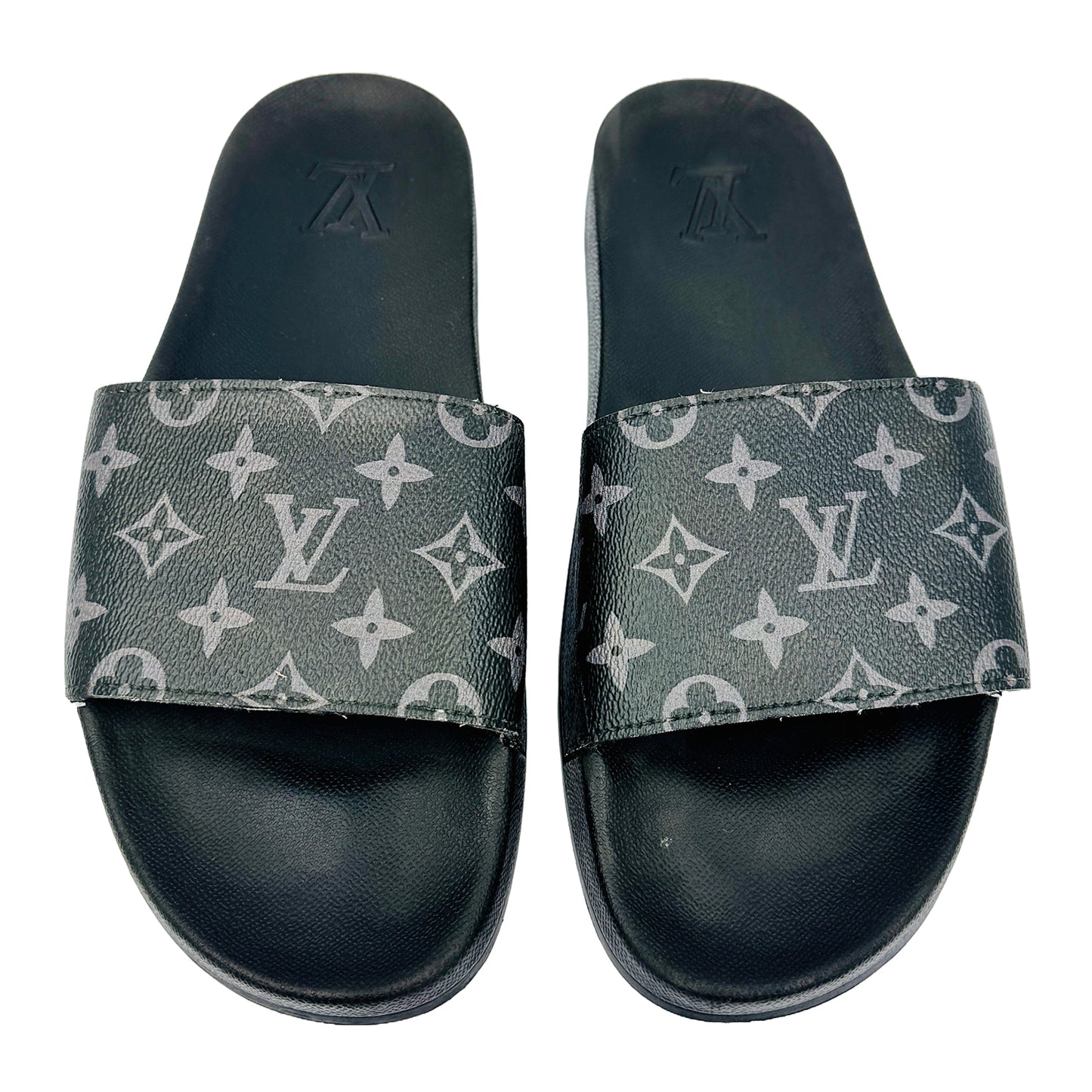 Front image of Louis Vuitton Waterfront Monogram Black Eclipse Slides (Size 44)