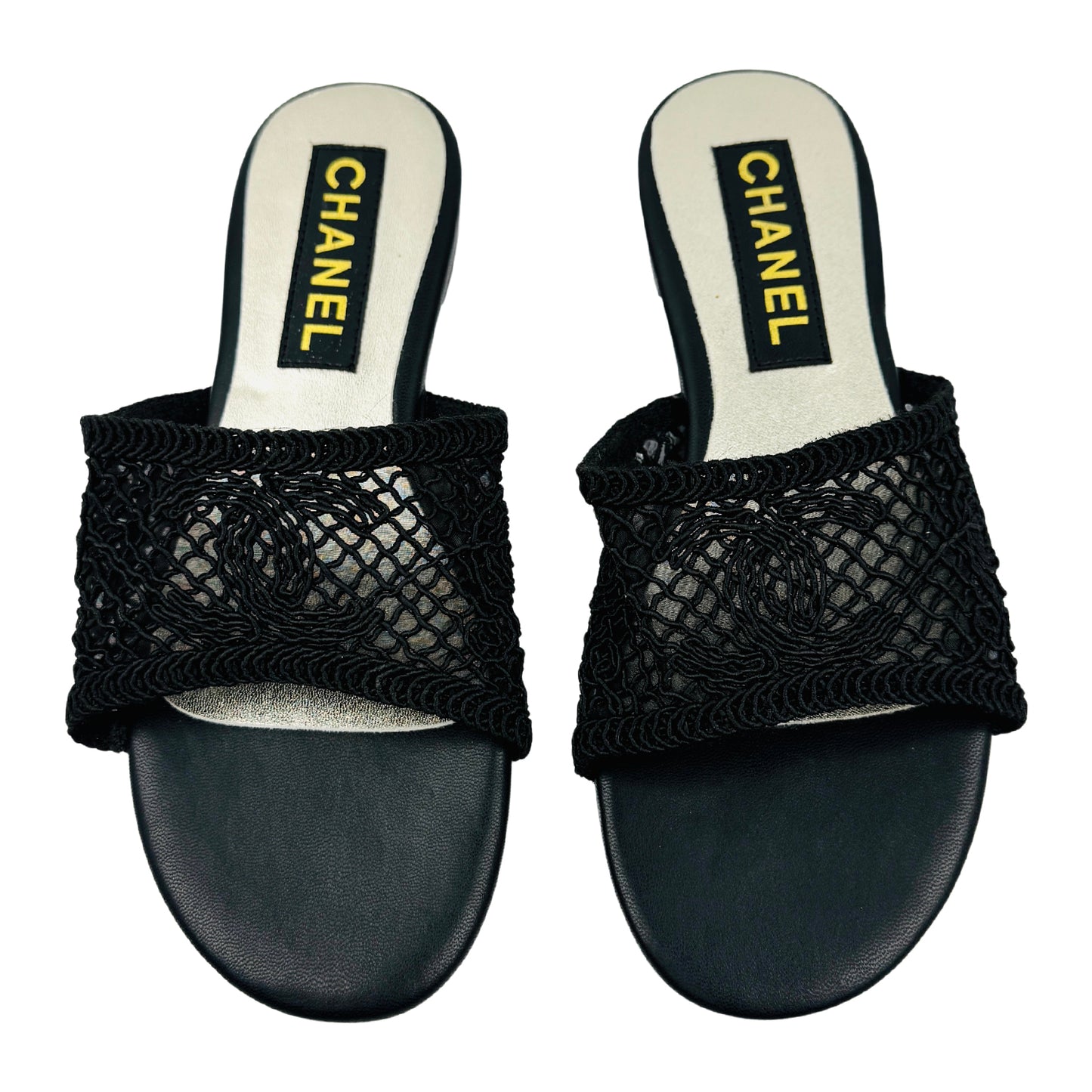 Chanel Black Crochet Knit CC Logo Sandal Slides (Size 37)